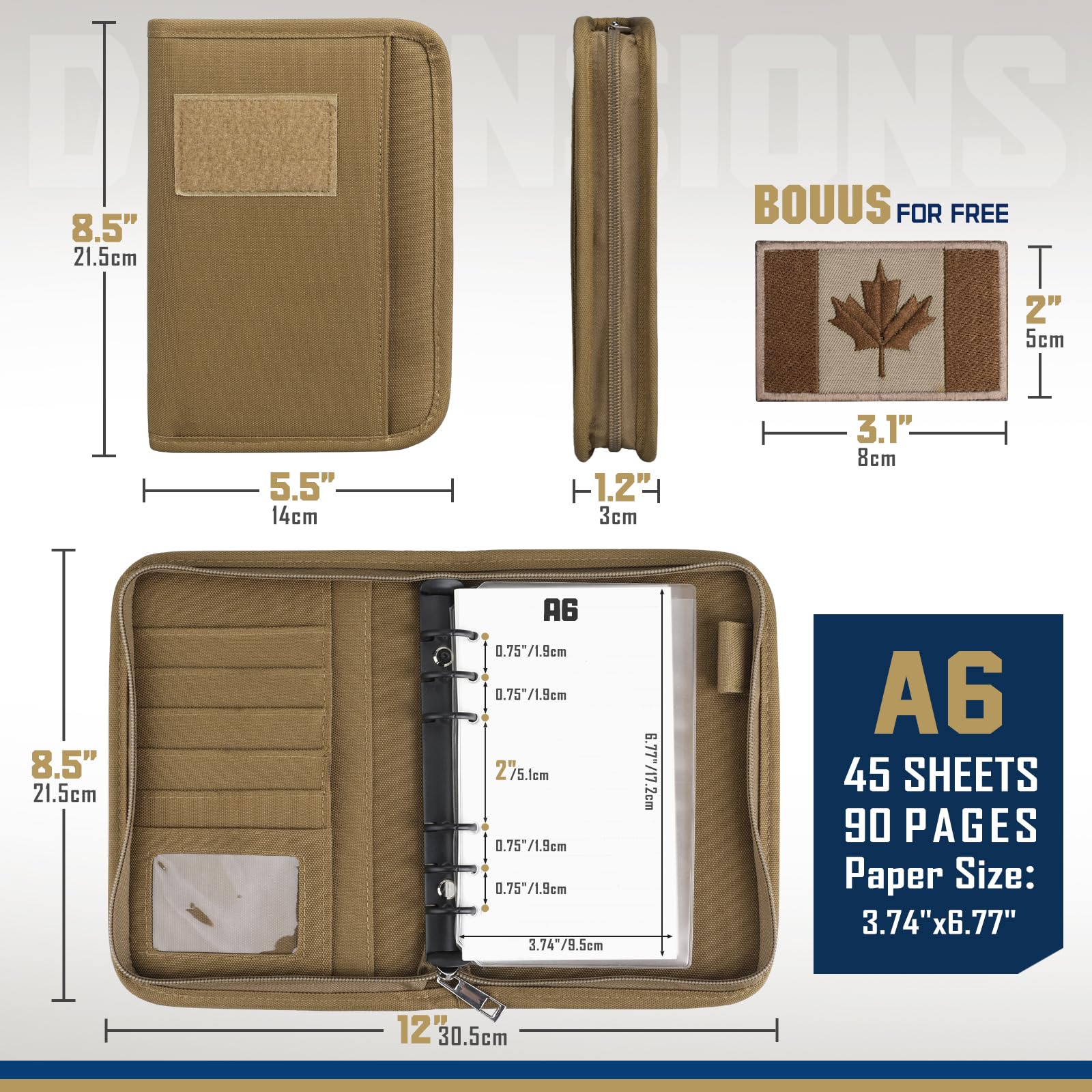WYNEX Tactical Notebook Padfolio Ring Binders with 45 Sheets,Army Military Notebook Tactical Portfolio Binder with Zipper for Tactical Gear and Organizer, Refillable 6-Ring Binder（A6）