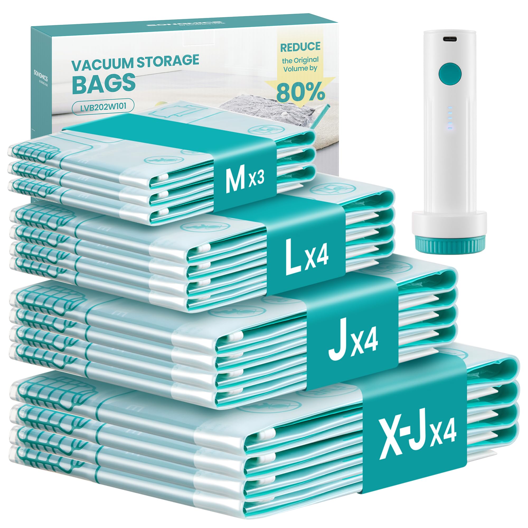 SONGMICS Vacuum Storage Bags, Rechargeable Portable Electric Pump, Space Saver Vacuum Seal Suction Bags for Clothing Travel Bedding Comforters, Reusable, 15 Pack, 3M/4L/4J/4X-J, Transparent