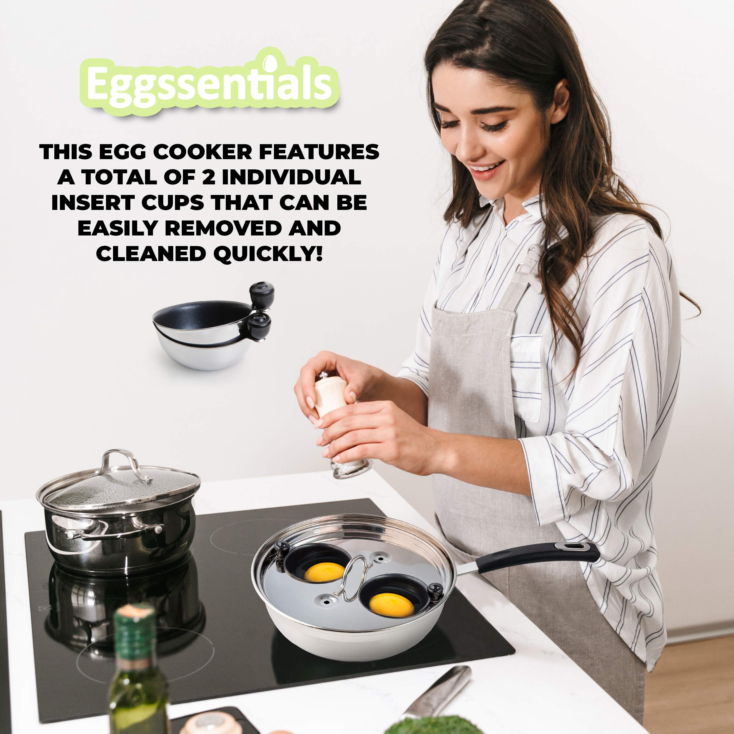 Eggssentials 2 Cup Egg Poacher, Stainless Steel, Non-stick PFOA Free with Spatula, Poached Egg Maker, Egg Poachers Cookware