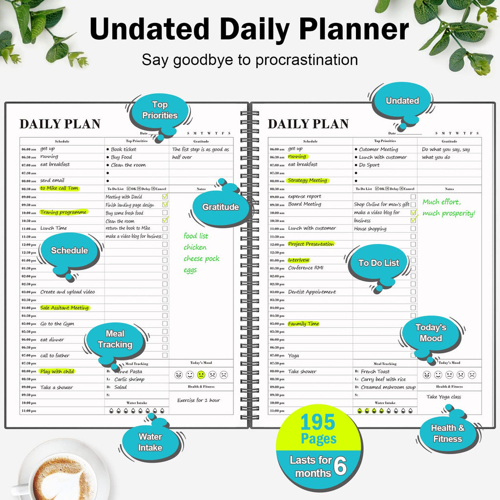 Planner Undated, Asten Daily Planner Agenda with To Do List, Hourly Schedules for Women and Men, Spiral Appointment Book with Elastic Closure, Inner Pocket 8.5" x 11" (Black)