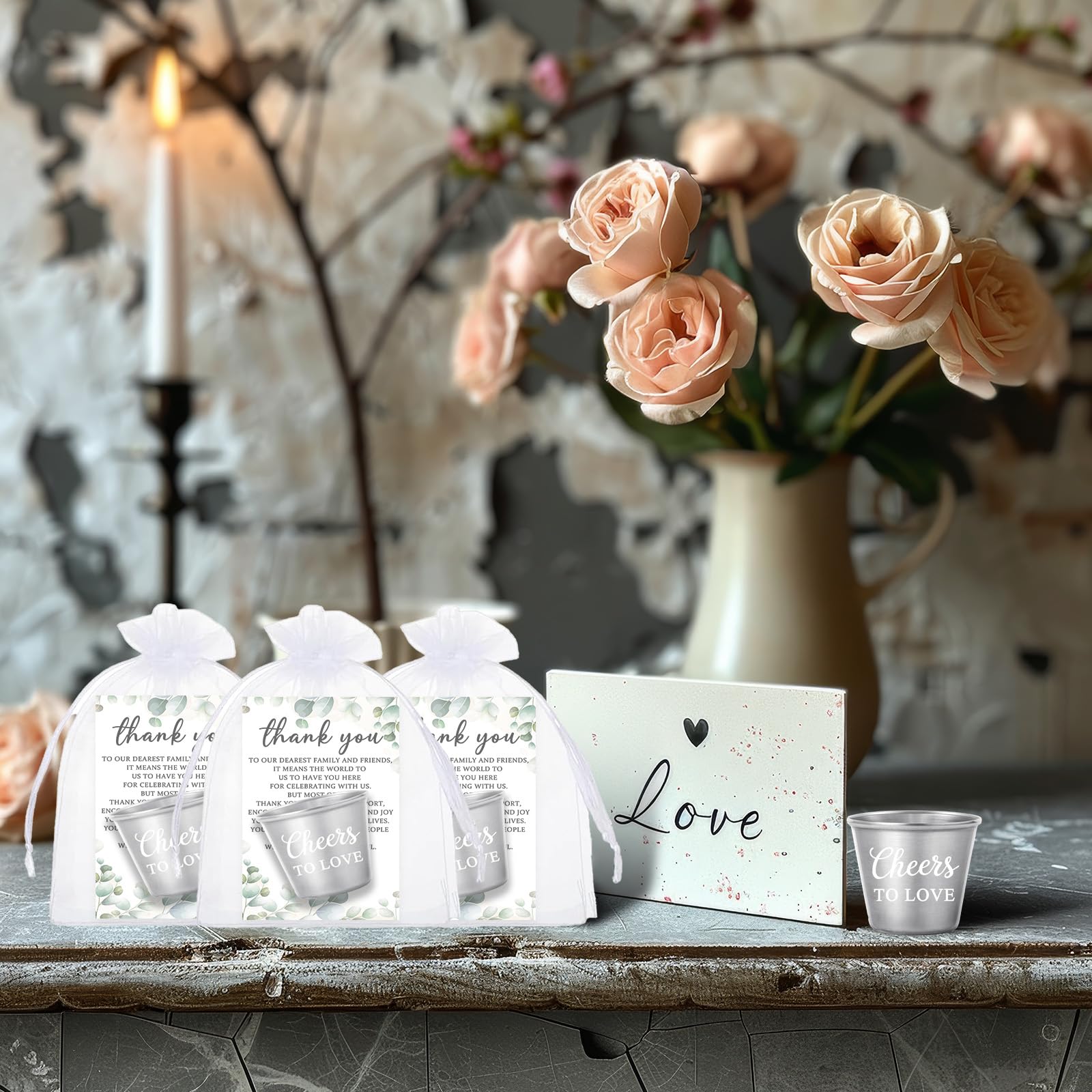 50 Set Wedding Favors for Guests Bulk - 1.5oz Cheers to Love Stainless Steel Shot Glasses with Thank You Cards and Organza Bags Souvenir Gifts for Guests Engagement, Wedding, Bridal Party