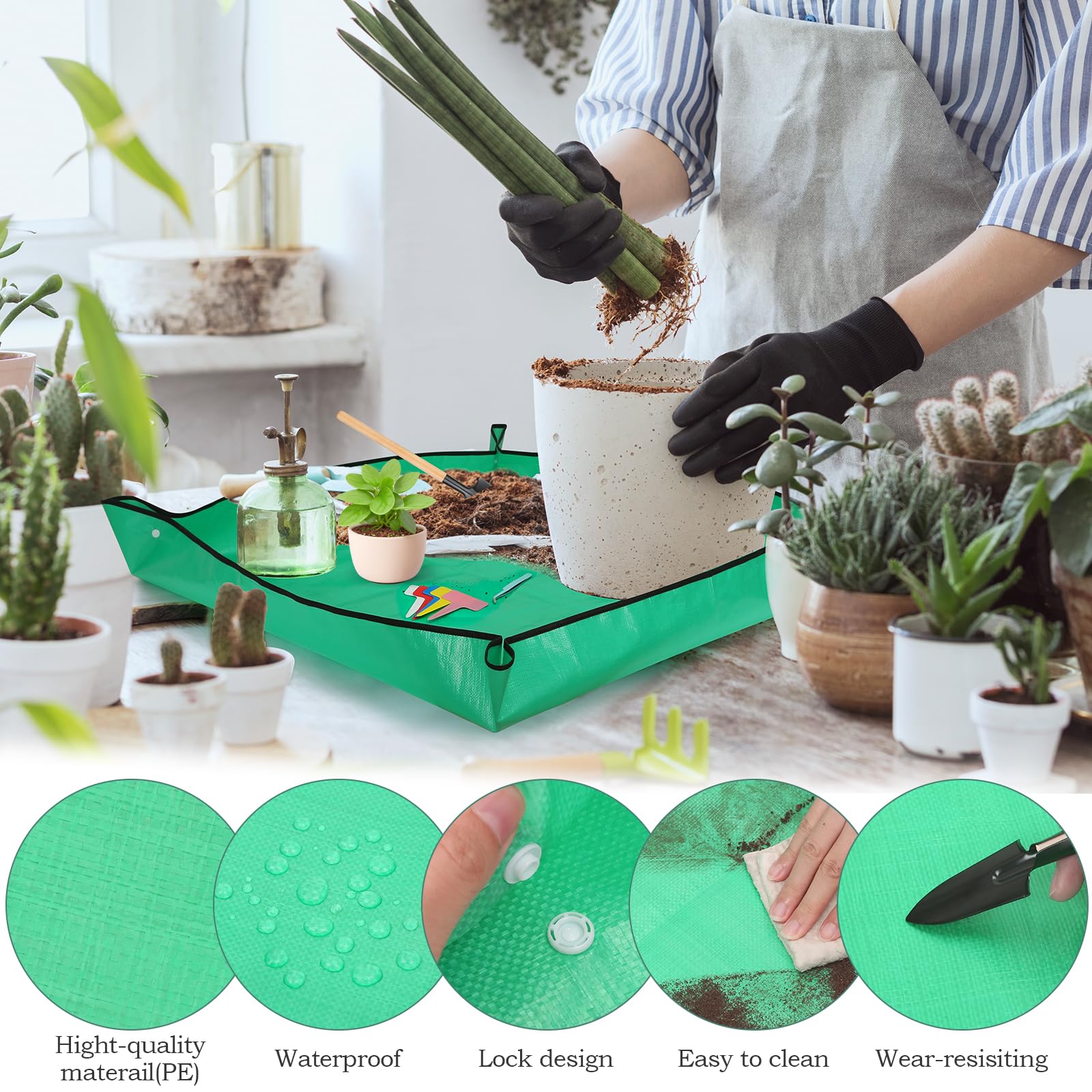 Lucomb 2Pcs Repotting Mat Set, 39''Large & 26''Small Foldable Waterproof Plant Gardening Mats with Accessories, Portable Potting Tray for House Plants Succulents