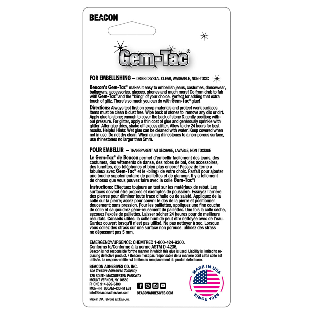 Beacon Gem-Tac Premium Quality Adhesive for Securely Bonding Rhinestones and Gems - Water-Based, UVA Resistant, 2-Ounce