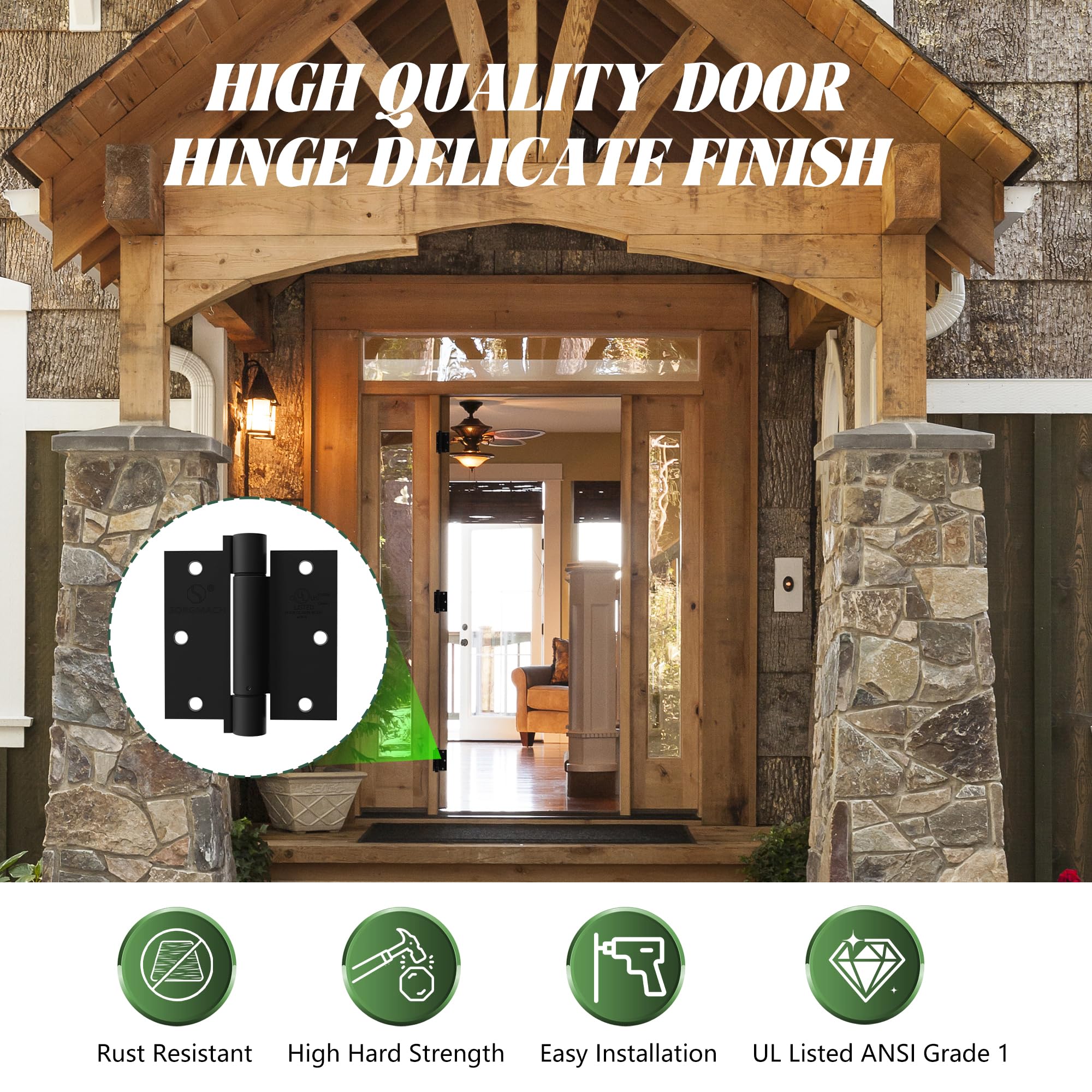 3 Pack Self Closing Door Hinges 3.5 inch Matte Black Spring Loaded Auto Close Hinges Square Corners Adjustable Tension for Interior Door 3 1/2 Auto Self-Closing Hinge