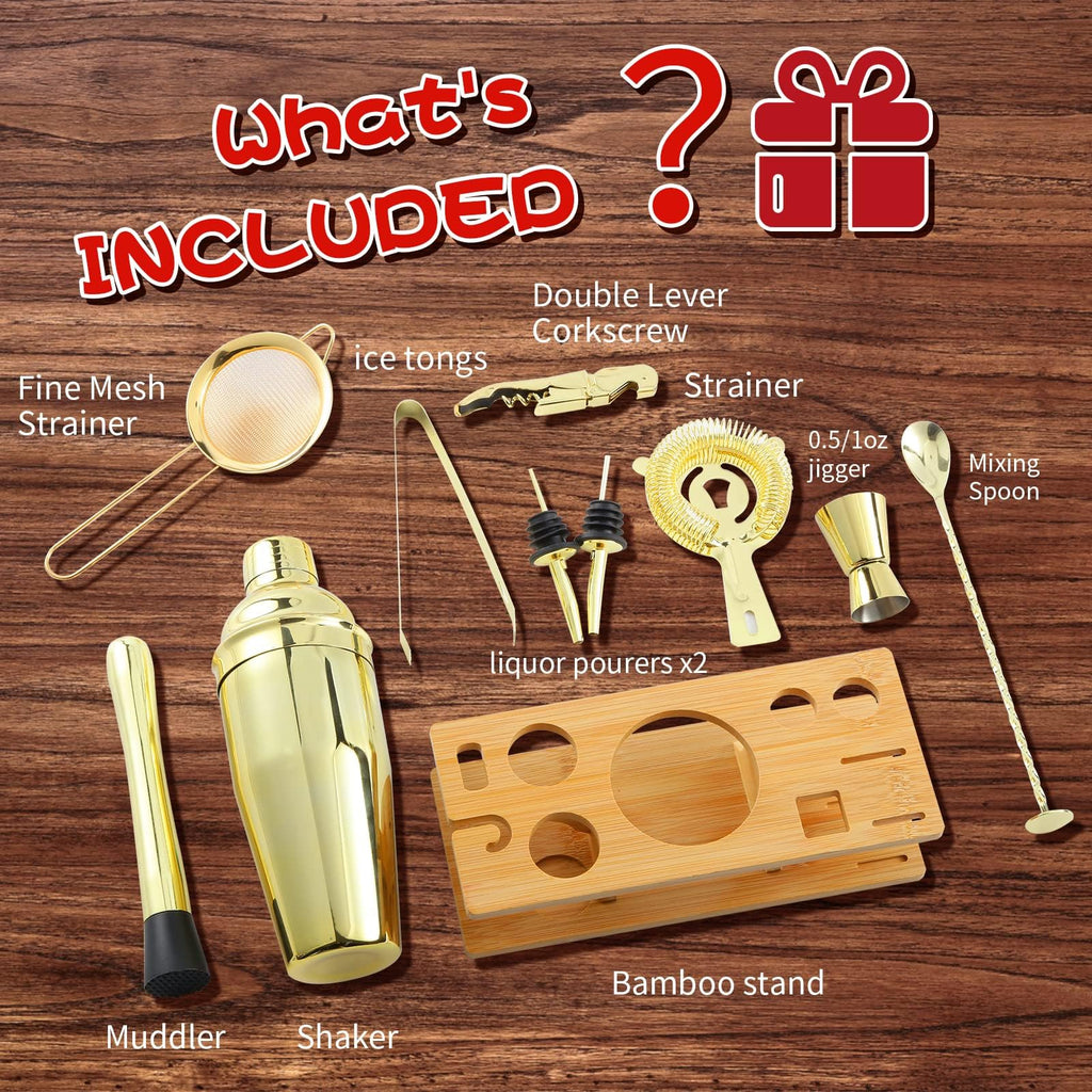 OBALY Bartender Kit 11-Piece Cocktail Shaker-Muddler for Cocktails 25oz Boston Shaker-Bar Accessories with Stylish Bamboo Stand Mix Drink Shaker kit Perfect Martini kit with Cocktail Recipes Booklet