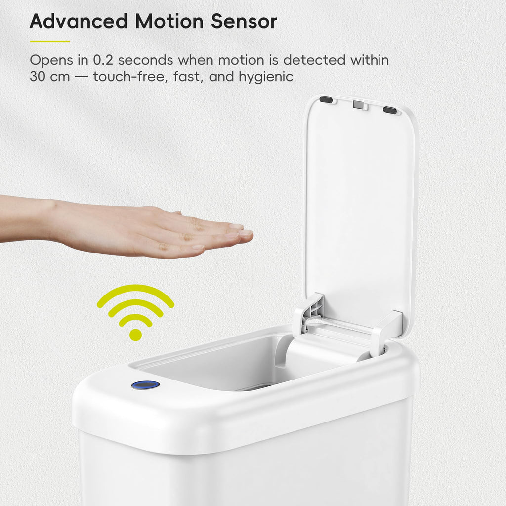 EKO Automatic Bathroom Trash Can with Lid, 2.6 Gallon Slim Touchless Garbage Can, Waterproof Motion Sensor Trash Bin for Bathroom, Office, Kitchen, White
