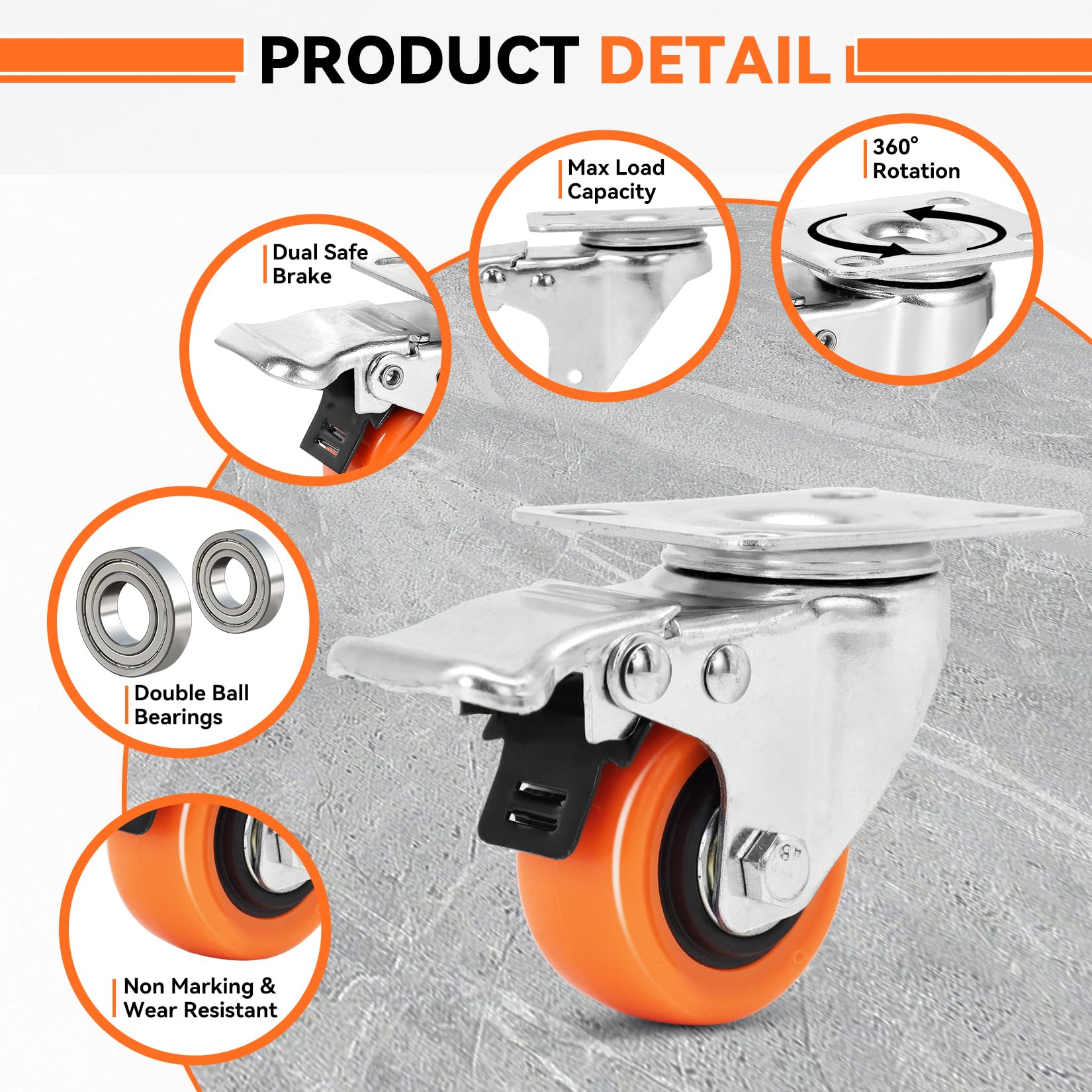 2" Plate Caster Wheels Heavy Duty 600 Lbs Load Capacity Swivel Casters with Brake Set of 4, Safety Dual Locking, No Noise Wheels for Furniture, Carts (Free Screws and Screwdriver)