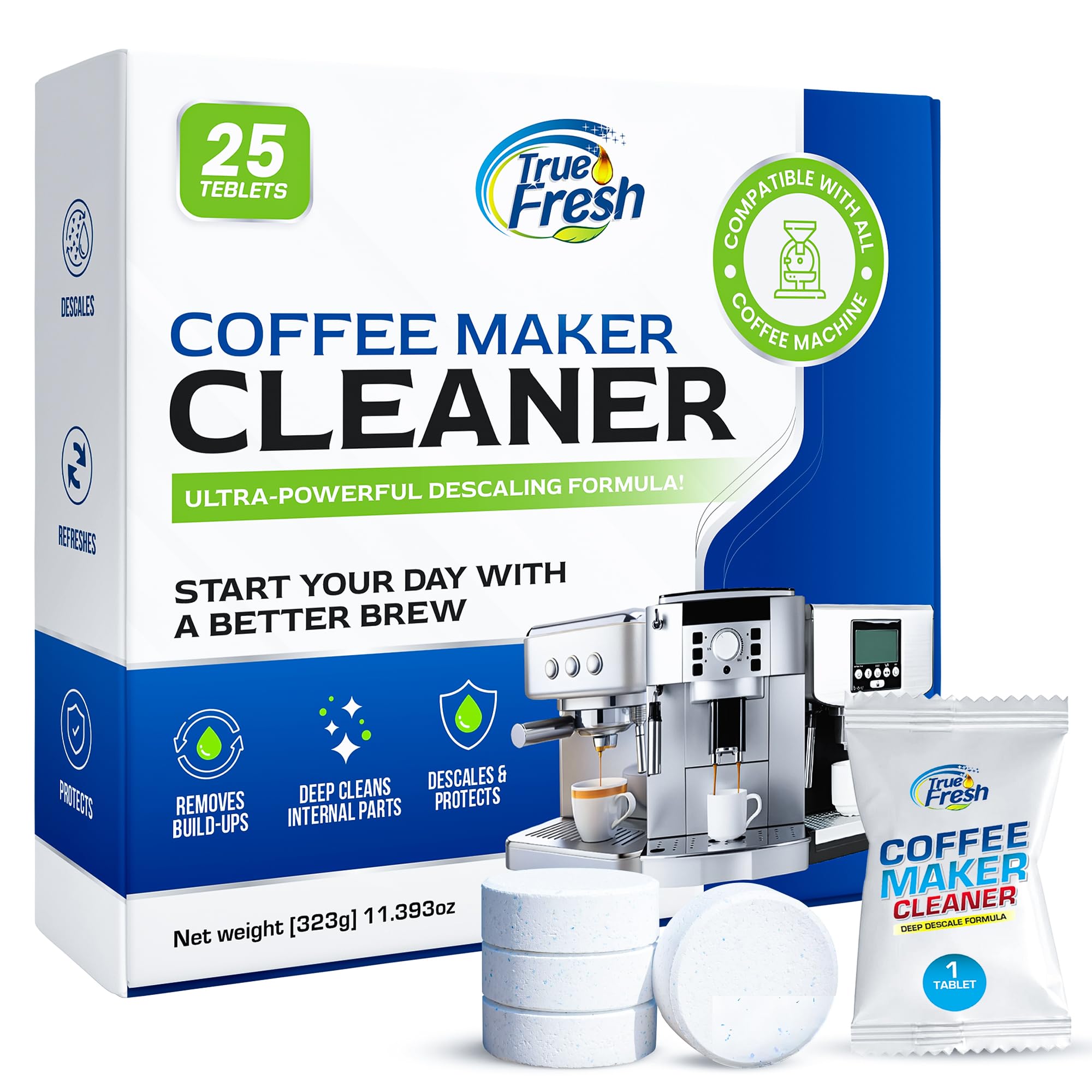 True Fresh coffee maker cleaner descaler tablets pack of 25 Removes limesclae and mineral build ups compatible with espresso keurig and all major brands (25, Pack of 25)