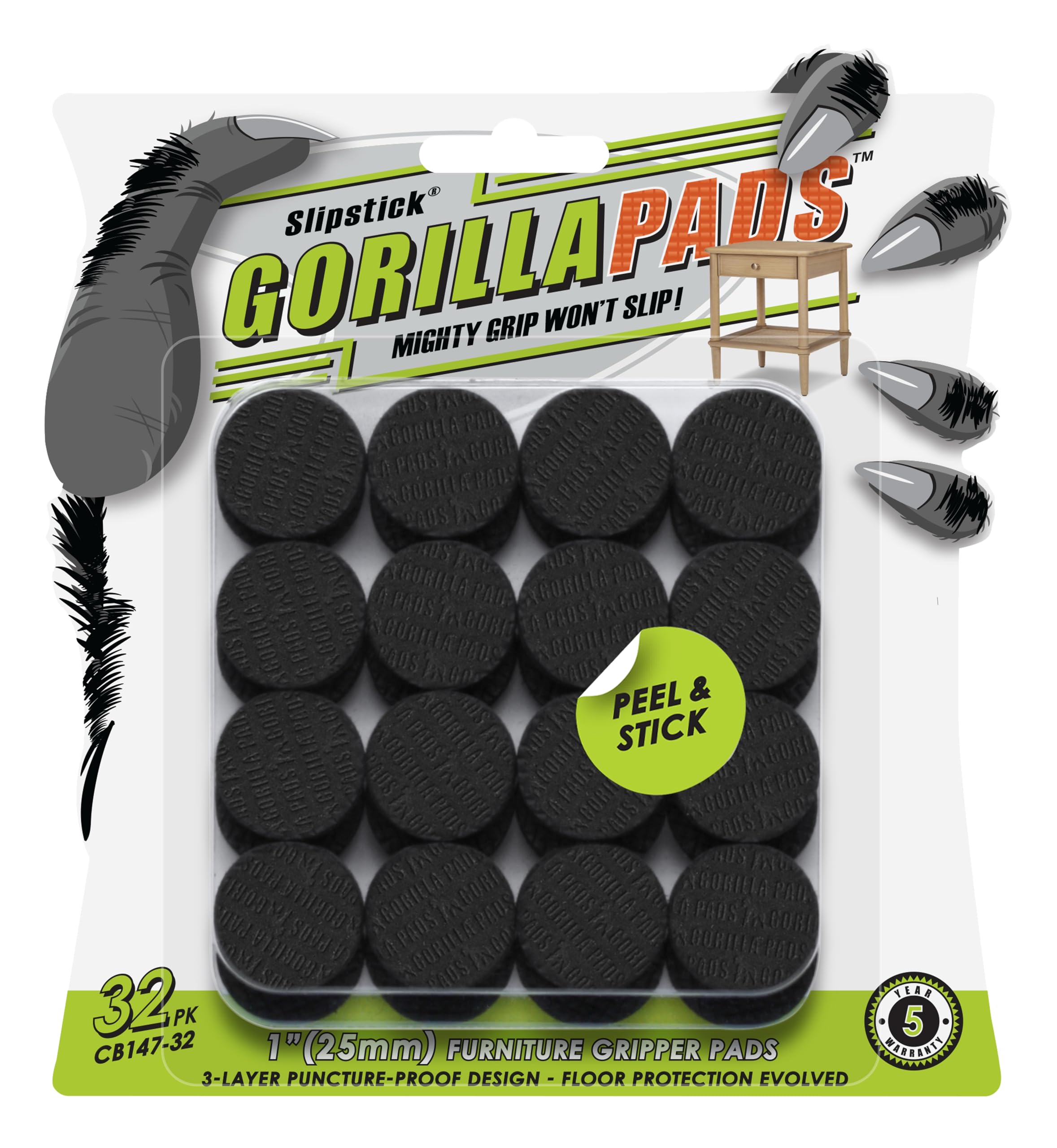 GorillaPads 25mm Non-Slip Furniture Pads/Gripper Feet Skids (Set of 32) Self Adhesive Rubber Floor Protectors, 1 Inch Round, Black, CB147-32