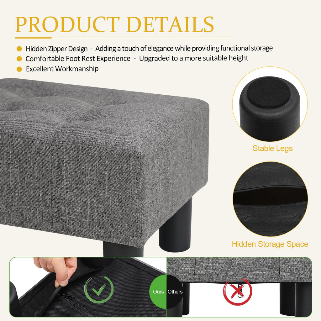 Nizrezol Small Foot Stool Ottoman, Linen Ottoman Foot Rest with Legs, Rectangle Foolstool Footrest for Couch Living Room Entryway, Grey 15.8x11.8x9.5in