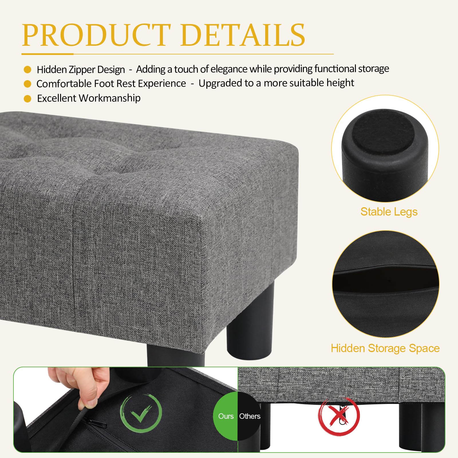 Nizrezol Small Foot Stool Ottoman, Linen Ottoman Foot Rest with Legs, Rectangle Foolstool Footrest for Couch Living Room Entryway, Grey 15.8x11.8x9.5in