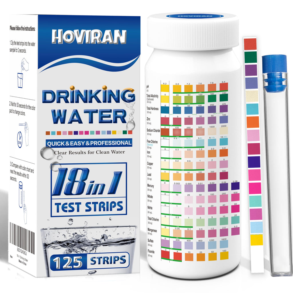 18 in 1 Drinking Water Test Kit,125 Strips Water Chemical Testing for Home Tap and Well Water, Accurate Testing for Chlorine,Nitrate, Lead, Hardness, Fluoride, Iron, Copper, pH & More
