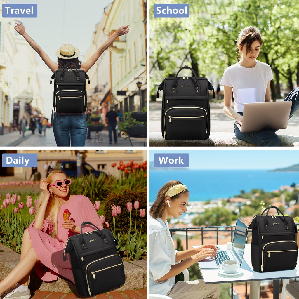Women Laptop Backpack Work Bag - Fits 15.6 inch with Laptop Compartment Waterproof Professional Fashion Travel Purse for College Nurse Business Computer Backpack Black