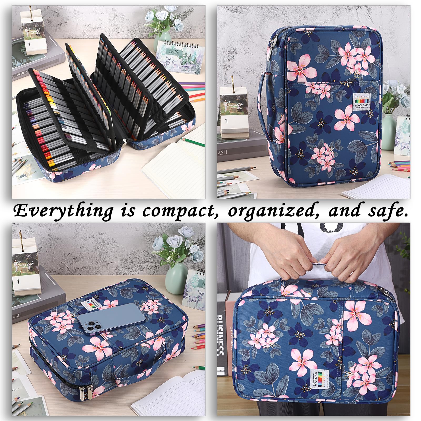 BTSKY 100 Slots Pencil Case Can Hold 300 Colored Pencils or 204 Gel Pens, Pencils/Gel Pens Organizer Waterproof Travel Case Colored Pencil Case Organizer for Artist Painter Writers, Pink Flower