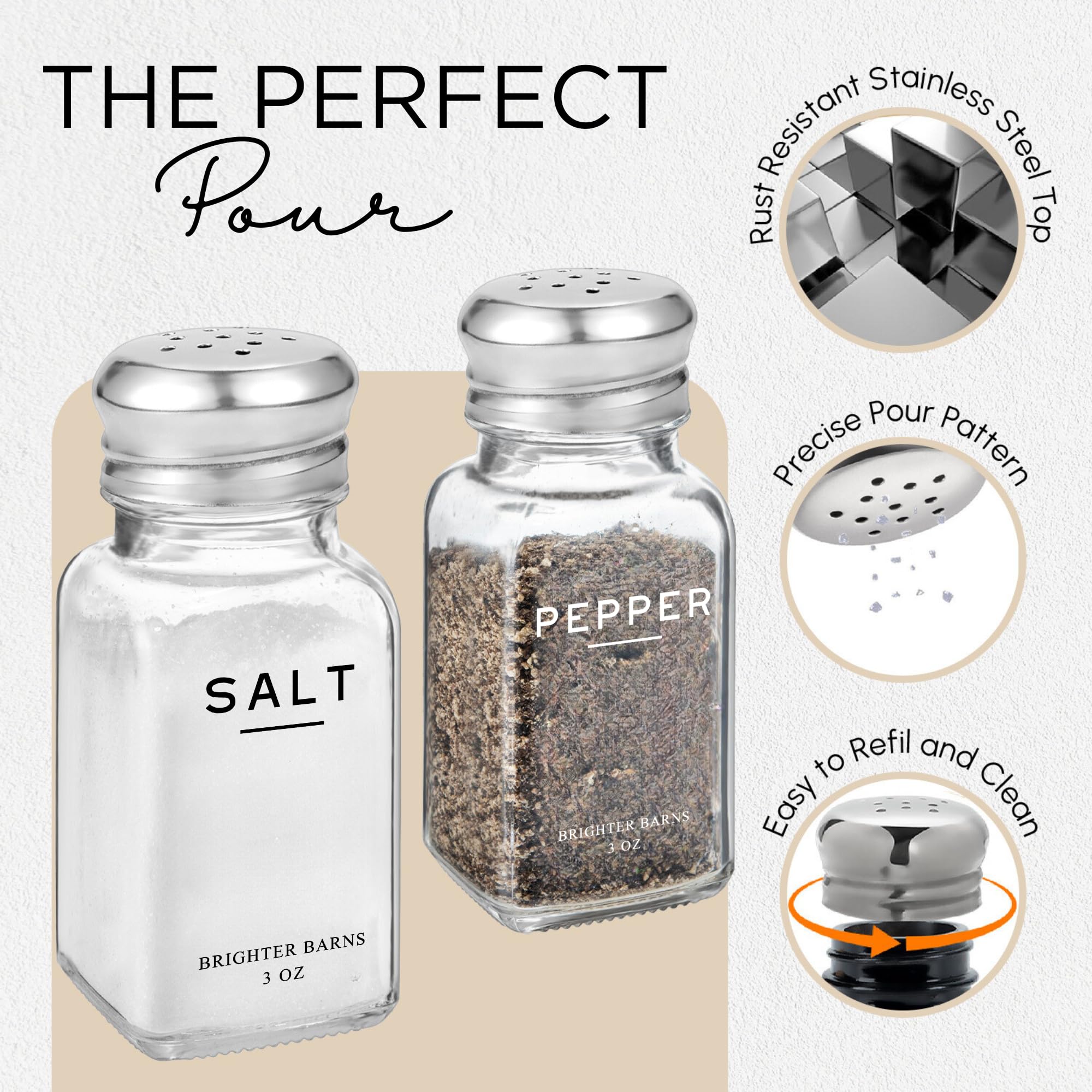 Glass Salt and Pepper Shakers Set by Brighter Barns - Modern Kitchen Decor, Dining Table Countertop Accessory - Rustic, Farmhouse, Vintage Glass Shakers with Stainless Steel Lids for Home, Restaurant