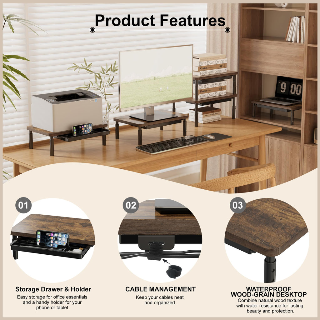 ETHU Monitor Stand for Desk, 3 Height Adjustable Computer Monitor Riser with Storage Drawer, Wood Computer Monitor Stand for Office and Home, Ergonomic Desk Stand for Printer, Laptop, PC (Walnut)
