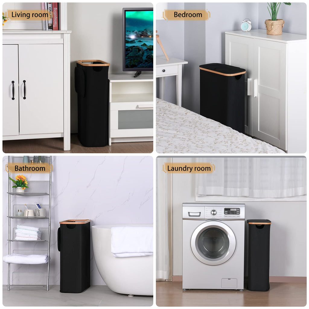 iEGrow 60L Slim Laundry Hamper with Lid Hampers for Laundry,Narrow Laundry Basket with Removable Inner Bag & Bamboo Handles Tall Thin Clothes Hamper for Clothes Toys Towels Organization（Black）