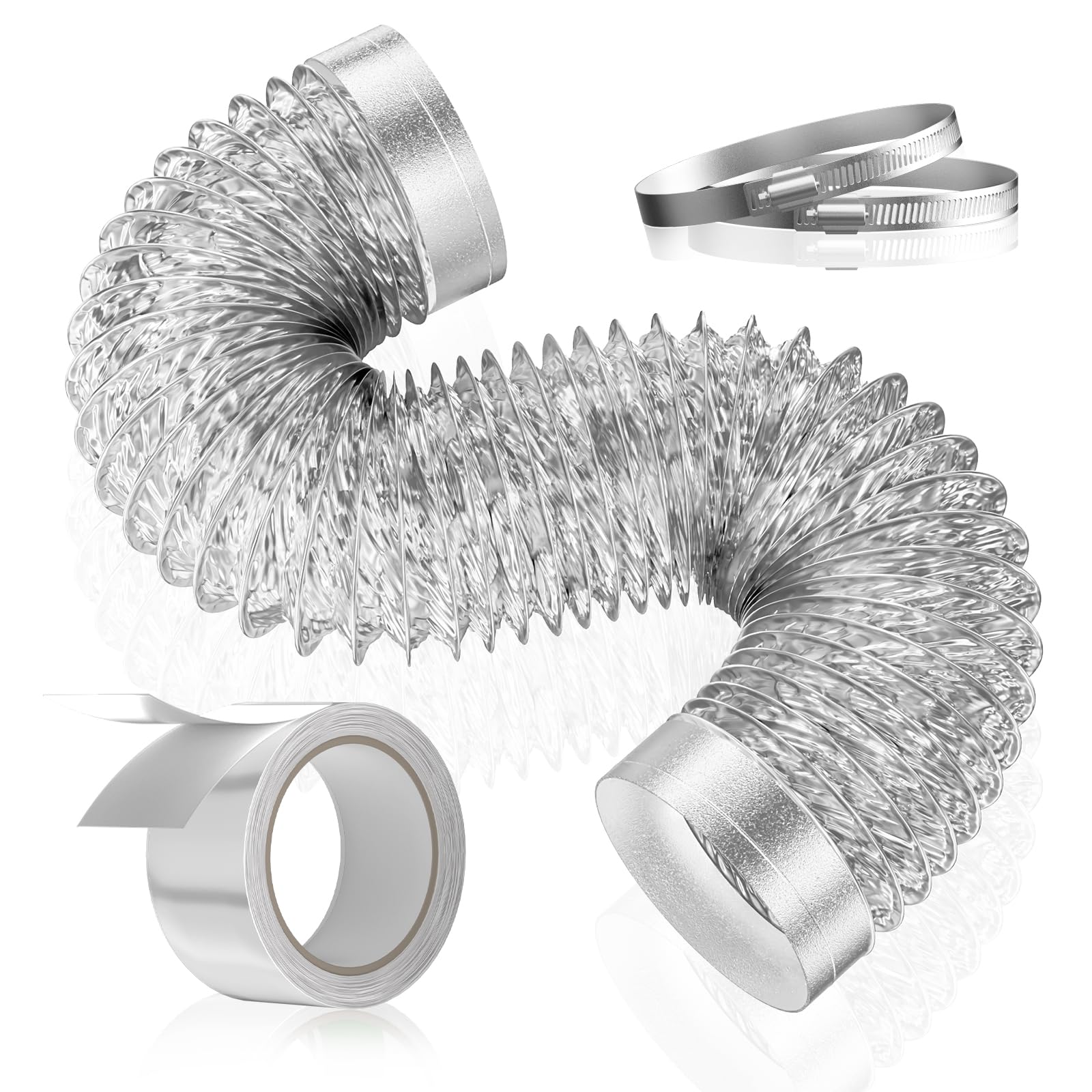 HOOMESUN Dryer Vent Hose 4 Inch 5FT Extra Thick Heavy Duty Flexible Exhaust Duct Hose, Aluminum Foil Insulated Ducting for Tight Space, HVAC Ducting Kit with 2 Clamps and 1 Tape