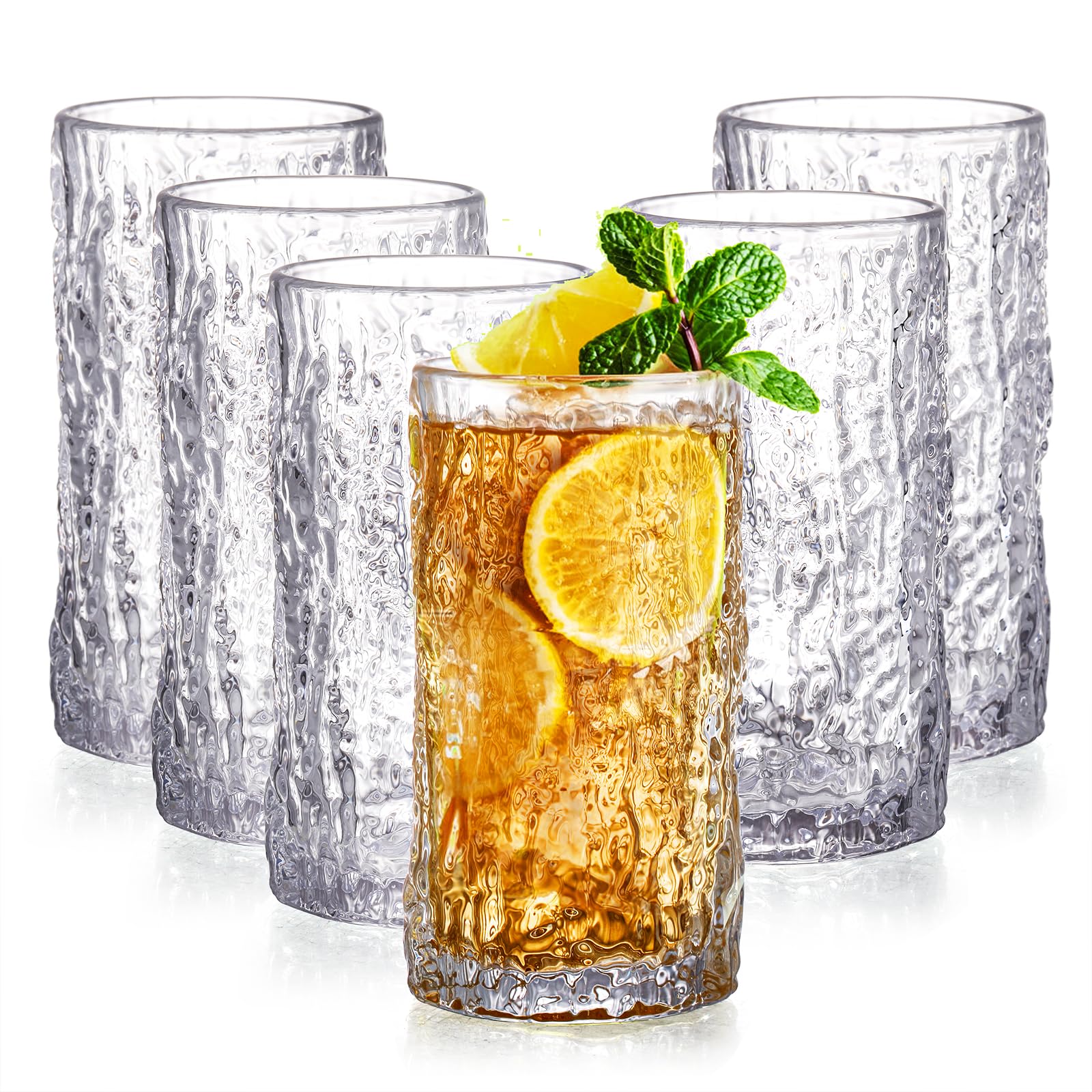 Cididu Set of 6 Textured Drinking Glasses, 12 oz Embossed Highball Water Glasses, Iced Tea Beverage Glass Thick Heavy Base, Vintage Glassware Sturdy Drinkware for Juice, Milk, Coffee, Dishwasher Safe