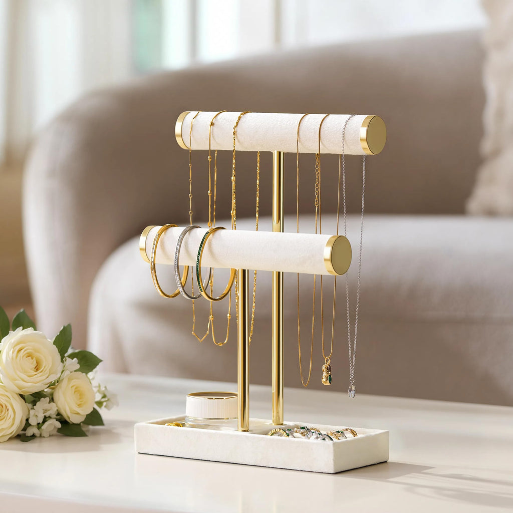 2 Tier Bracelet Holder Display - Beige Velvet Jewelry Organizer Stand, Detachable T Bar Jewelry Holder for Bracelet, Necklace, Watches, Rings, Earrings