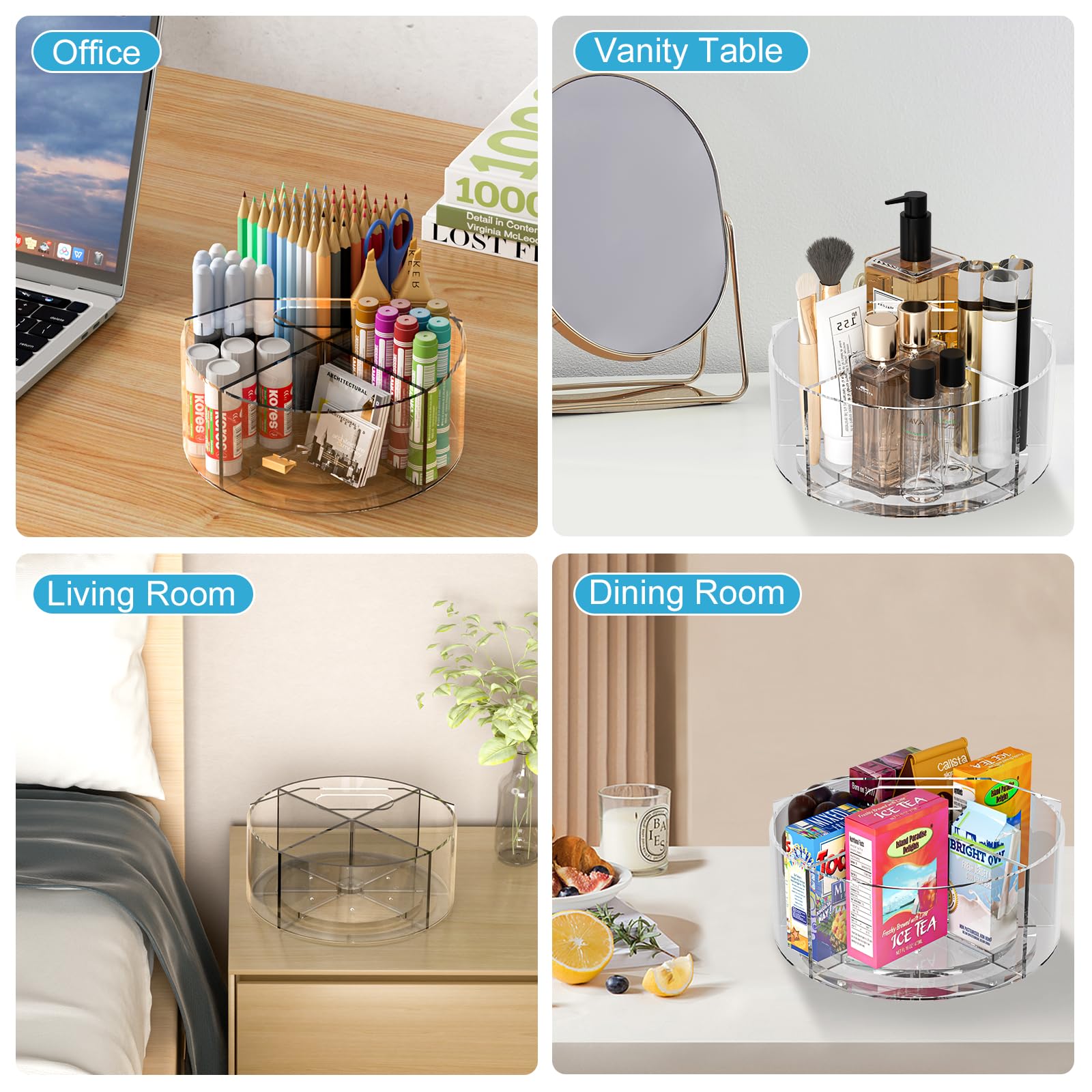 360-degree Rotating Clear Pen Organizer with 6 Compartments, Acrylic Pen Holder with Handle for Desk, Art Supply Organizer for Markers, Paints, and Brushes
