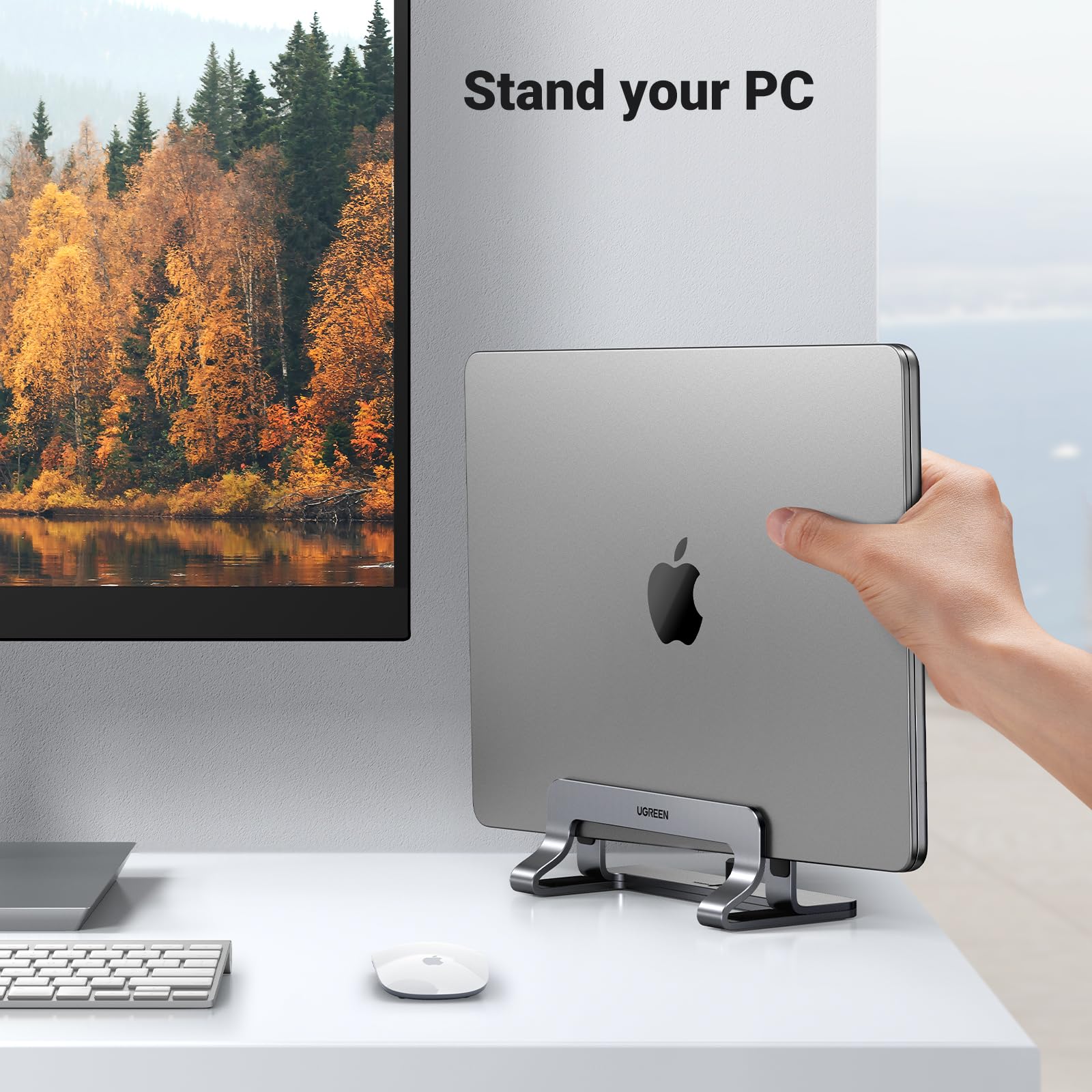 UGREEN Vertical Laptop Stand Holder Mount for Desk, Riser Adjustable Aluminum Compatible with MacBook Pro Air, Ideapad, Surface Book, Chromebook Up to 15.6inch, Grey