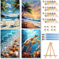 4 Pack Paint by Numbers Adult Kit with Framed Canvas - Wooden Easel, Beach Adult Paint by Number Kits on Canvas, DIY Sea Turtle Acrylic Oil Painting Kit with Brushes for Home Wall Decor (20x30cm)
