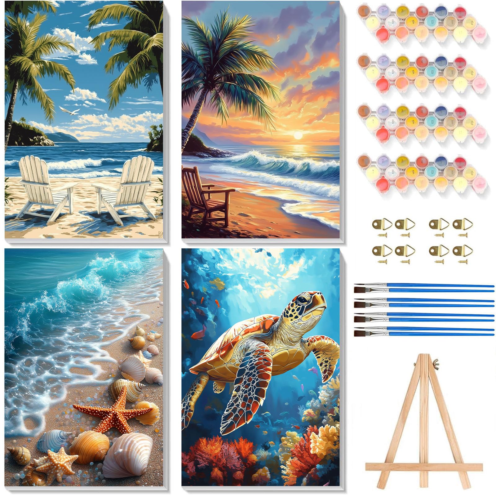 4 Pack Paint by Numbers Adult Kit with Framed Canvas - Wooden Easel, Beach Adult Paint by Number Kits on Canvas, DIY Sea Turtle Acrylic Oil Painting Kit with Brushes for Home Wall Decor (20x30cm)