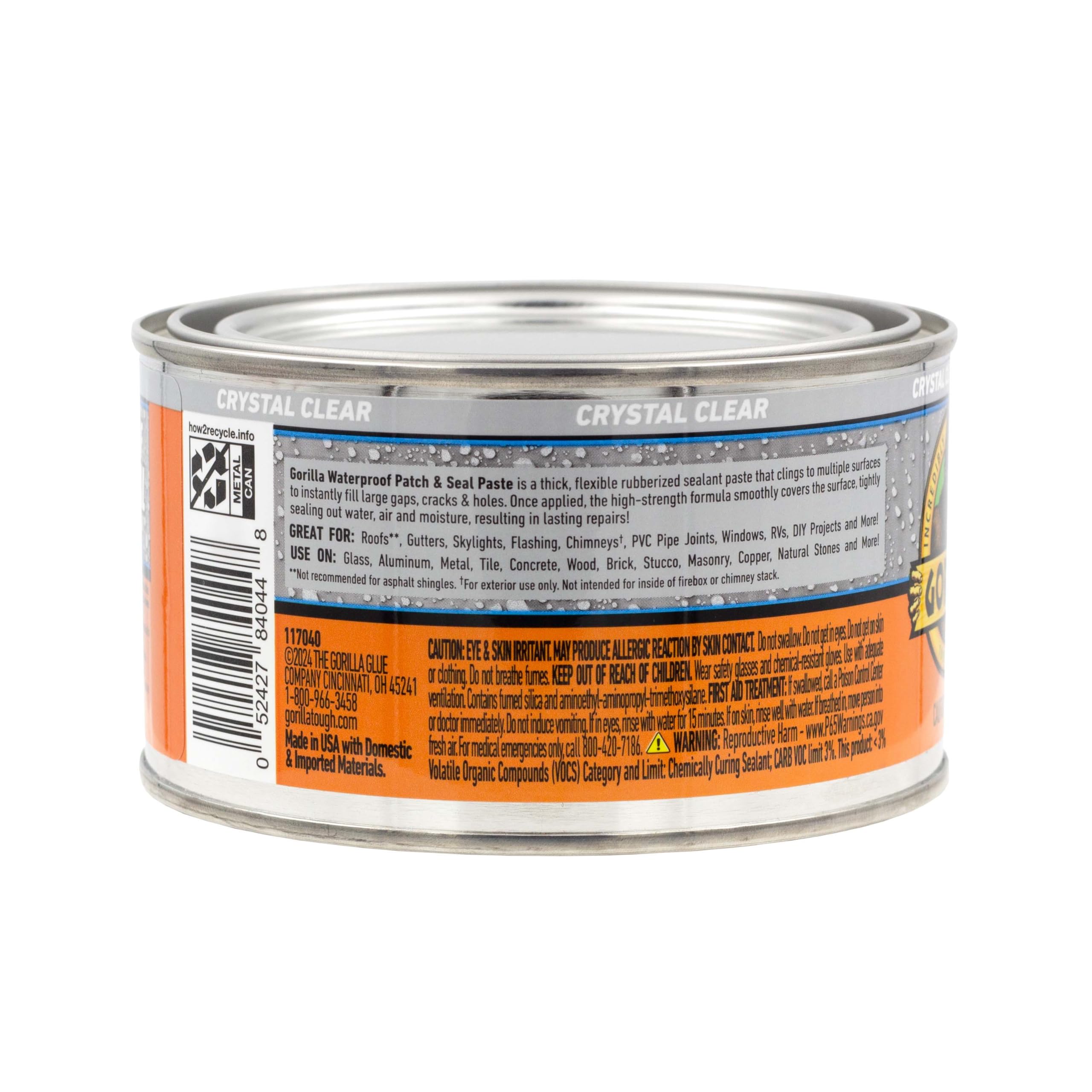 Gorilla Waterproof Patch & Seal Rubberized Sealant Paste, 12.8 Ounce Can, Clear (Pack of 1) - Stops Leaks, Flexible Gap & Crack Filler, Shrink & Mildew Resistant, Paintable