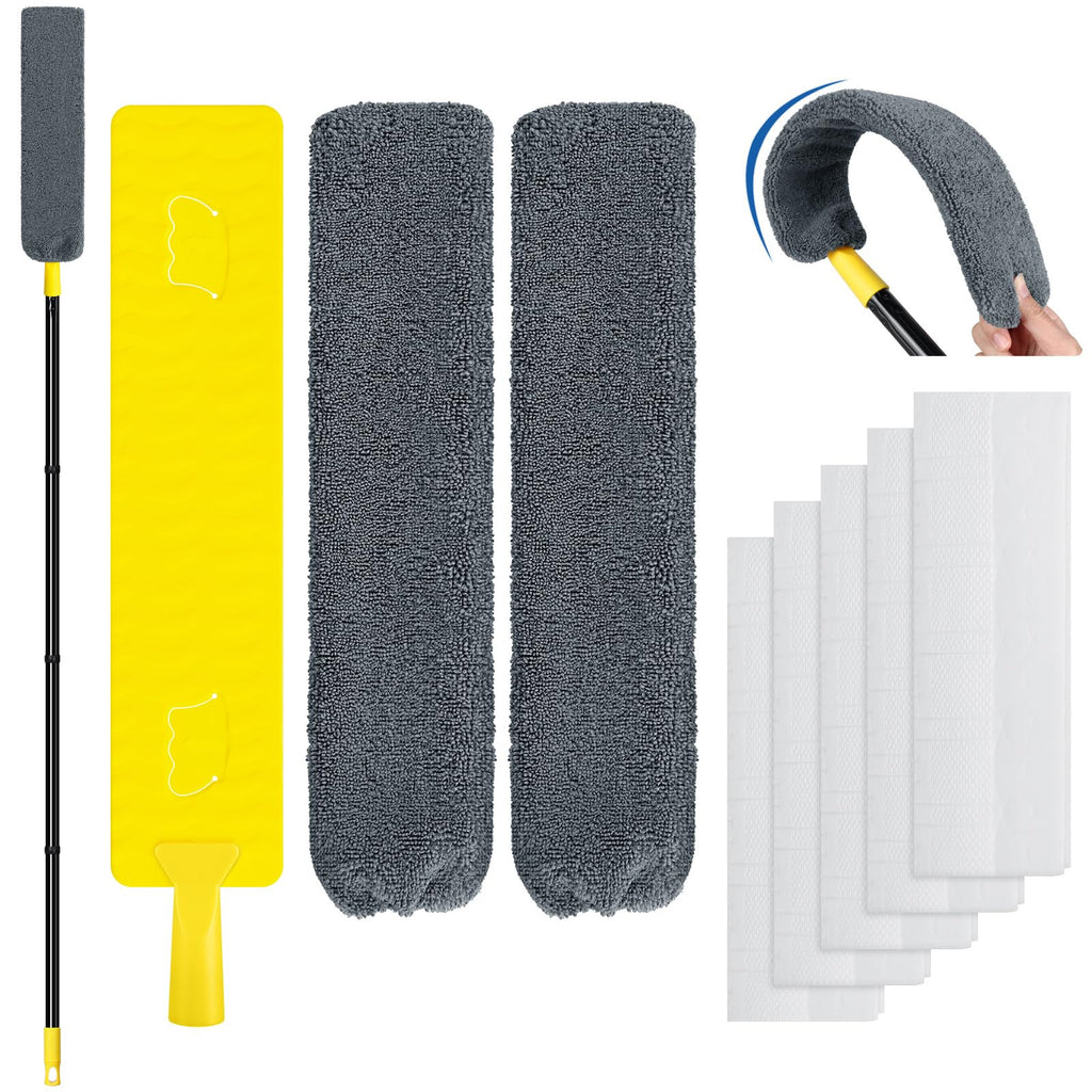 Qaestfy Under Appliance Cleaning Tool with Long Handle, 2 Reusable Microfiber Pads, 5 Disposable Dusting Cloths, Retractable Flat Gap Duster for Behind Fridge, Washer, Bed, Furniture