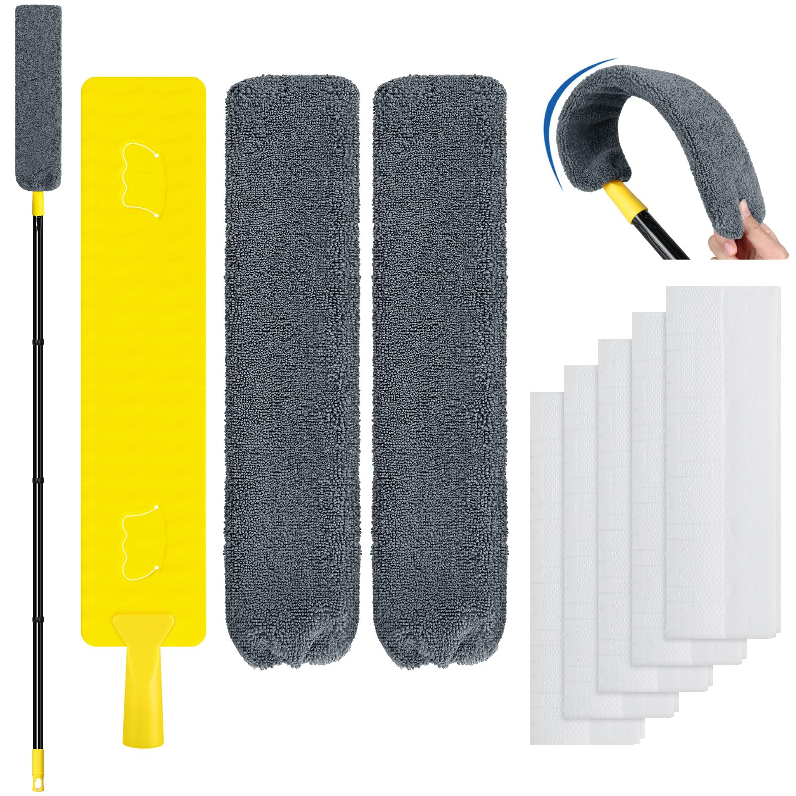 Qaestfy Under Appliance Cleaning Tool with Long Handle, 2 Reusable Microfiber Pads, 5 Disposable Dusting Cloths, Retractable Flat Gap Duster for Behind Fridge, Washer, Bed, Furniture