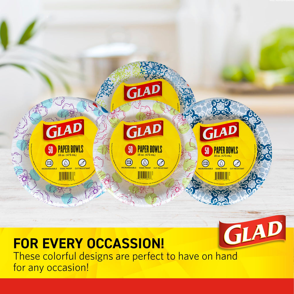 Glad Round Disposable Paper Bowls, Green Victorian Design - Heavy Duty, Soak Proof, Cut-Resistant, Microwavable Bowl for All Foods & Daily Use, 16 Oz, 50 Count