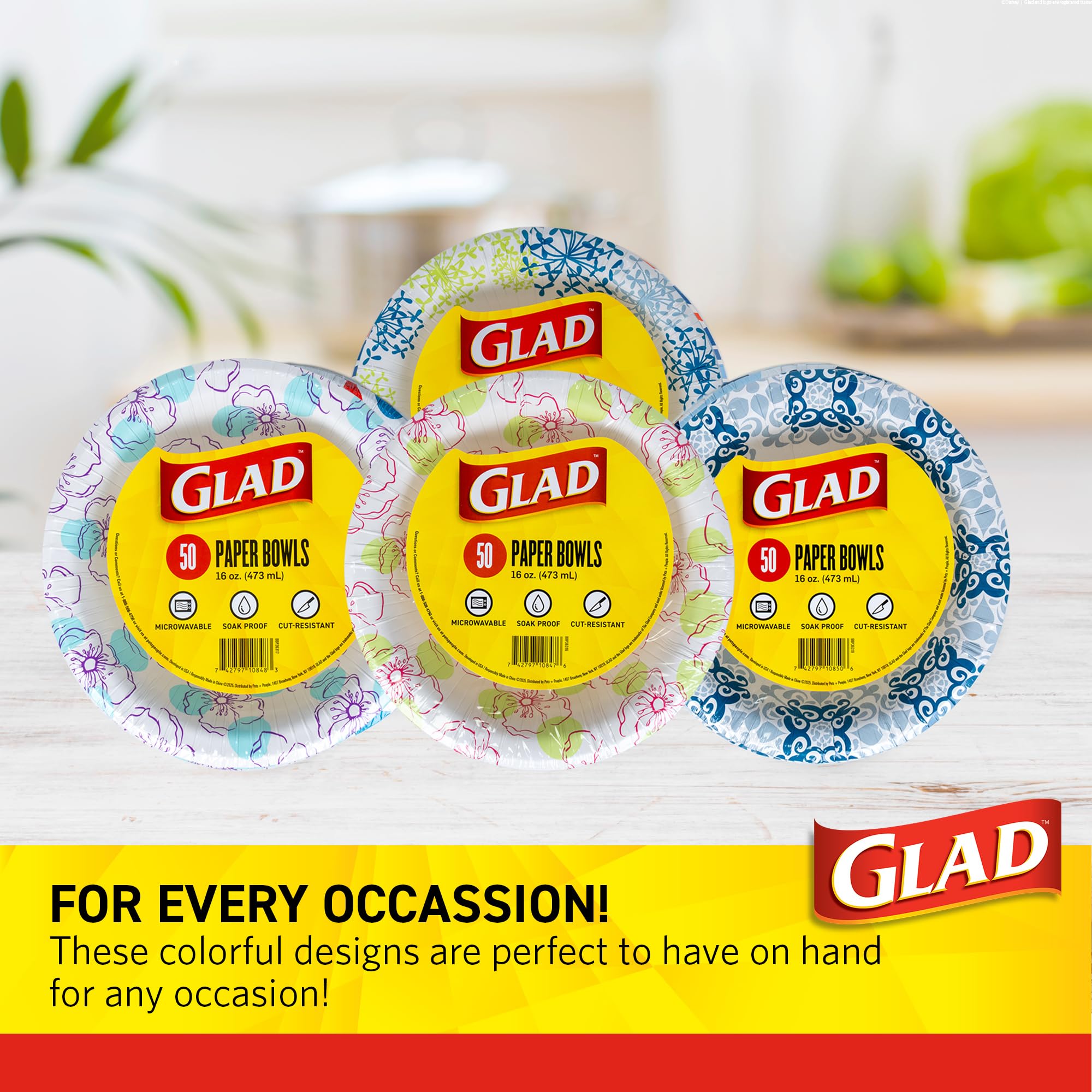 Glad Round Disposable Paper Bowls, Green Victorian Design - Heavy Duty, Soak Proof, Cut-Resistant, Microwavable Bowl for All Foods & Daily Use, 16 Oz, 50 Count