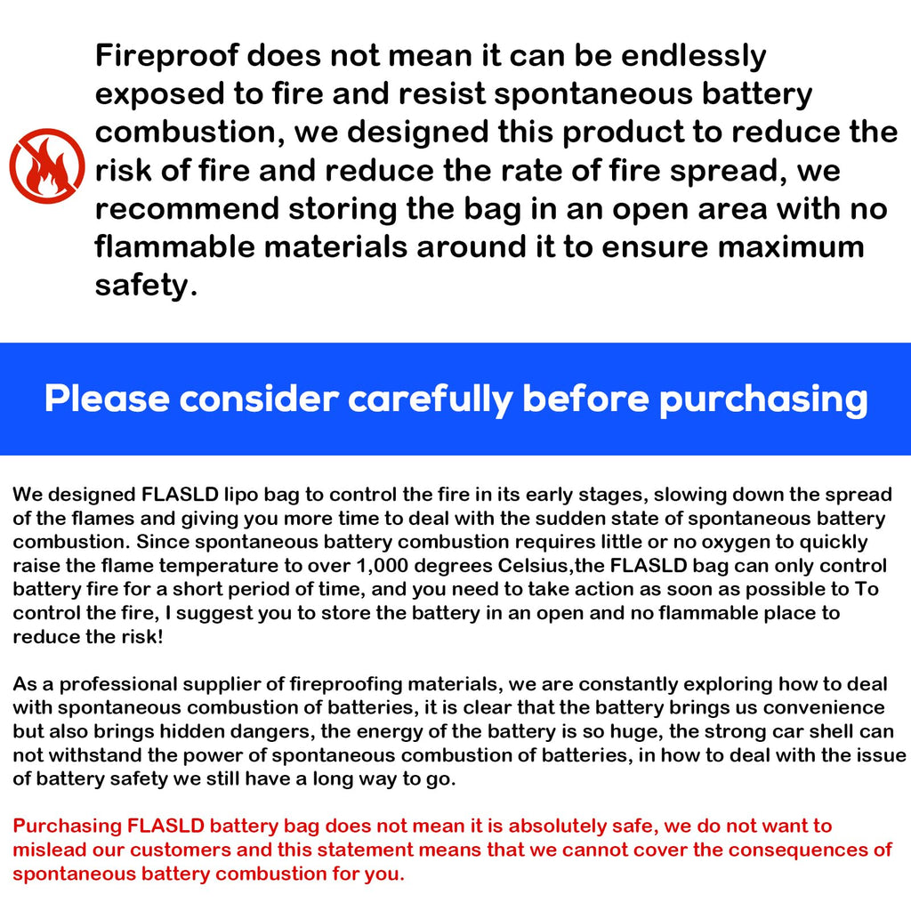 FLASLD E-Bike Battery Bag Fireproof Safe Charging Bag Explosionproof Lipo Battery Bag Large Capatity for Storage Charging (16 x 4.3 x 5in)