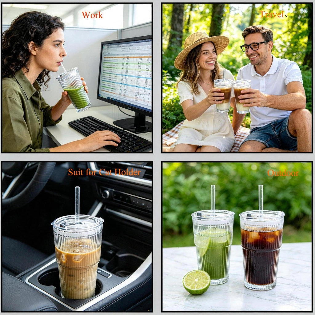 Ribbed Glass Tumbler with Lid and Straws, Resuable Ice Coffee Cups, to Go Drinking Glasses for Water, Smoothie, Matcha, Iced Tea Fruit Juice, Hot and Cold Beverages, Clear, 20oz, Set of 2