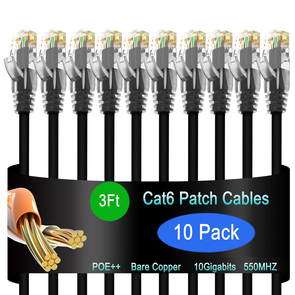 Cat6 Ethernet Patch Cable 3 ft (10 Pack), Cat6 Patch Cable for Data Centers, Cat 6 Patch Cable 10G, Network Patch Cables for Home and Enterprise Network -Black