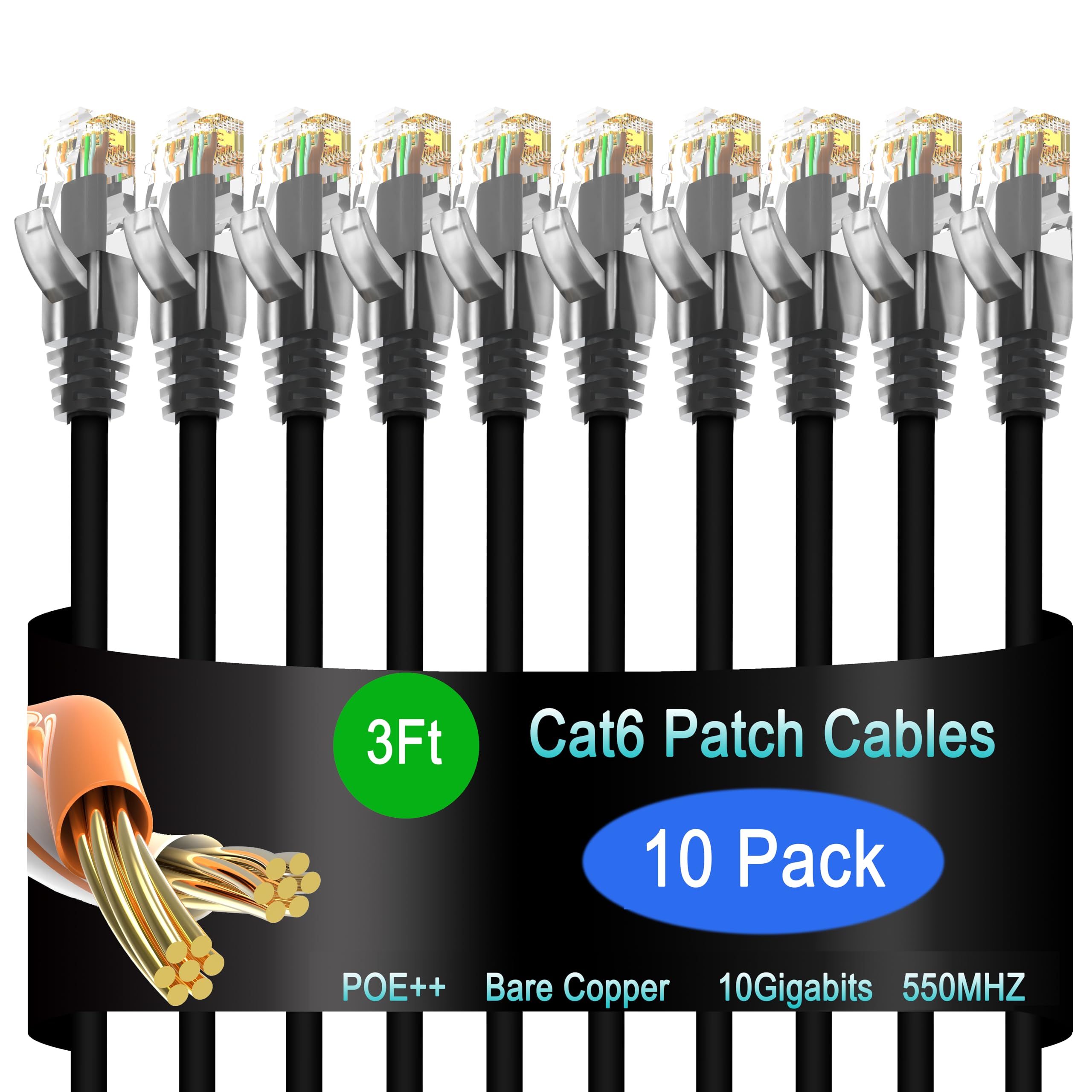 Cat6 Ethernet Patch Cable 3 ft (10 Pack), Cat6 Patch Cable for Data Centers, Cat 6 Patch Cable 10G, Network Patch Cables for Home and Enterprise Network -Black