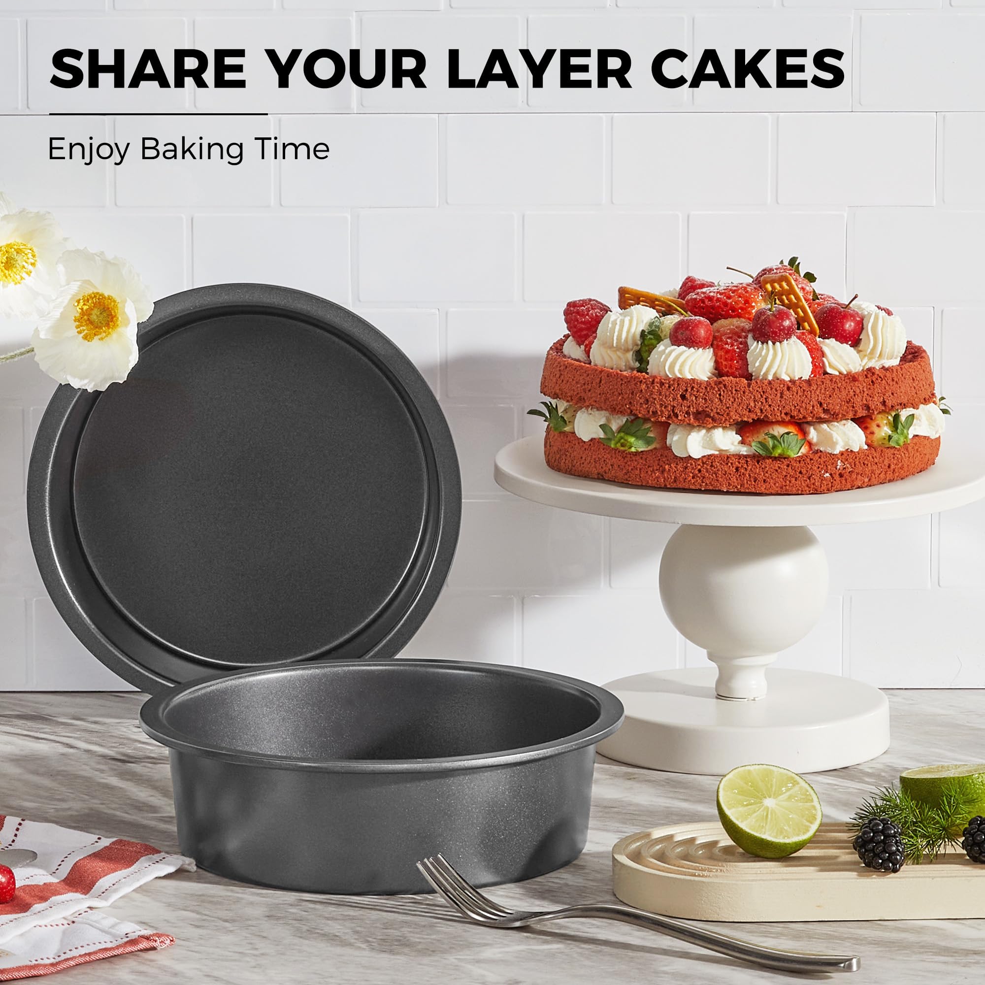 HONGBAKE 8 Inch Round Cake Pan Set for Baking, Nonstick Circle Cake Pans with Wider Grips, 2 Pieces Layer Cake Tin, Cheesecake Mold, Huty Duty, Dishwasher Safe - Grey