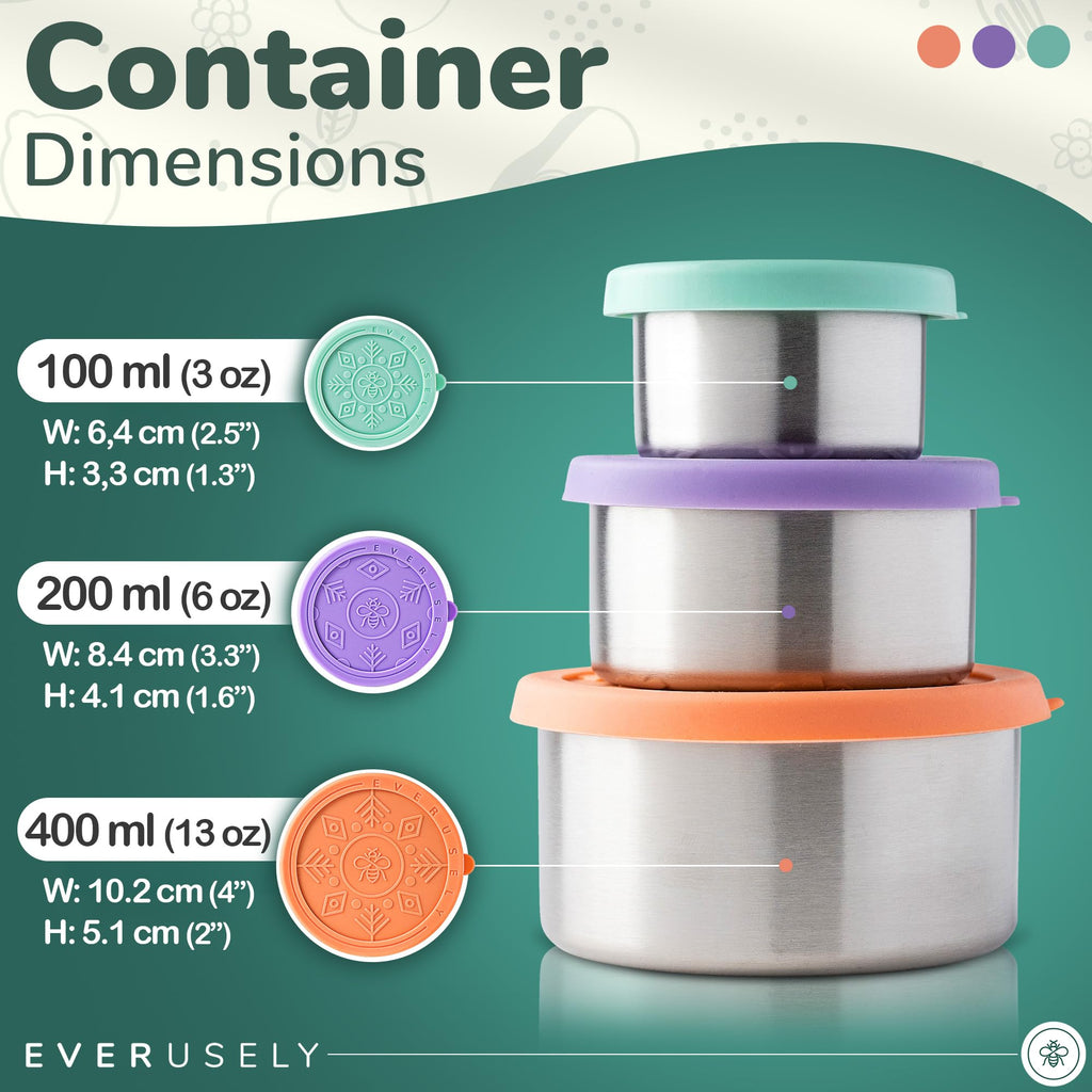 Everusely - Stainless Steel Food Containers - 3 Pack, Bright - Lunch Box - Snack Containers for Office, Home Food Storage - Leakproof w/Silicone Lids - Dishwasher & Freezer Safe