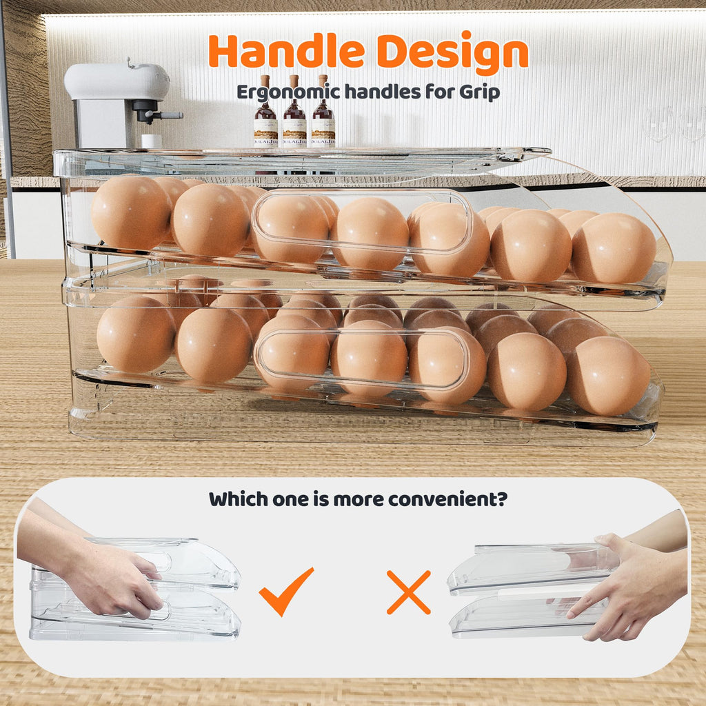 SMRCAD Egg Holder for Fridge, Automatic Stable Rolling Egg Dispenser with Handle & Silicone Pad for Refrigerator, Large Capacity Egg Organizer with Lid (2 Tier Holder 24 Eggs（M SIZE）)