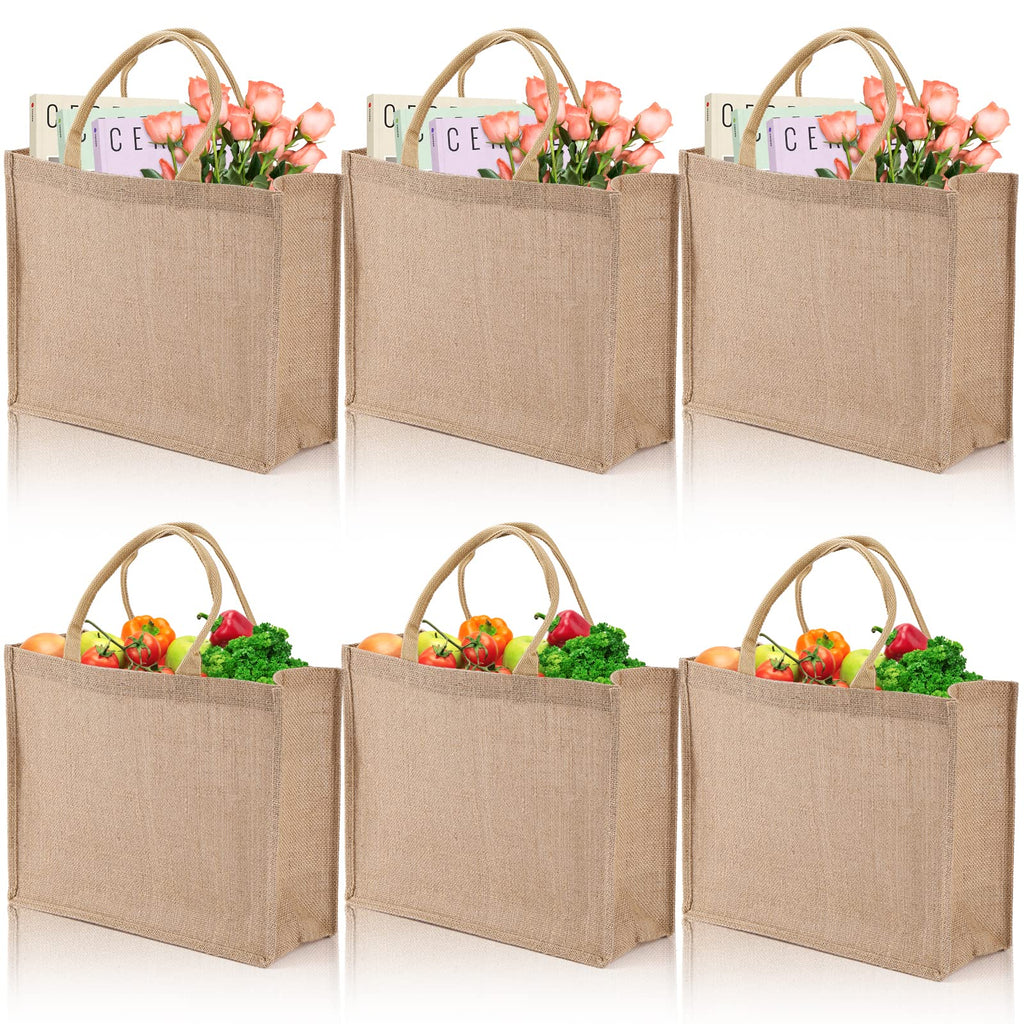 DEAYOU 6 Pack Large Jute Burlap Tote Bag, Jute Beach Bag with Laminated Interior, Burlap Gift Tote with Handle, Reusable Lined Market Grocery Shopping Bag for DIY, Wedding,15.4''x12.2''x5.9''