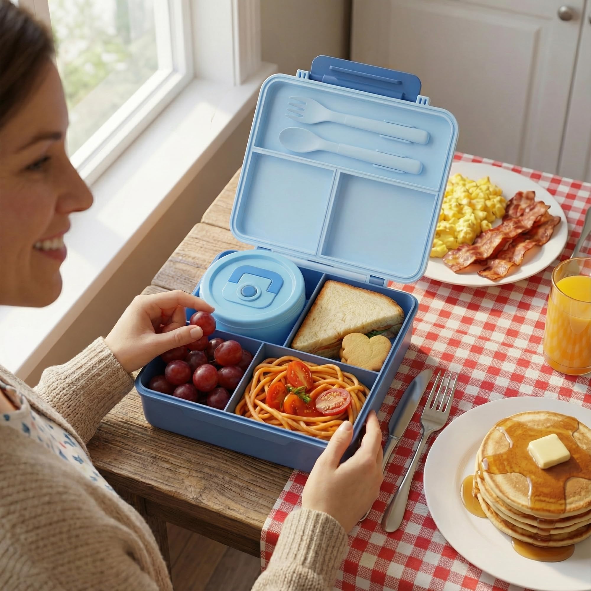 Bento Lunch Box for Kids with Carry Handle & Bento Box Bag, Leak-Proof 4-Compartments Lunch Box with 12oz Soup Jar and Cutlery, with Custom Dividers,Drop-Proof, Microwave and Dishwasher Safe (Blue)