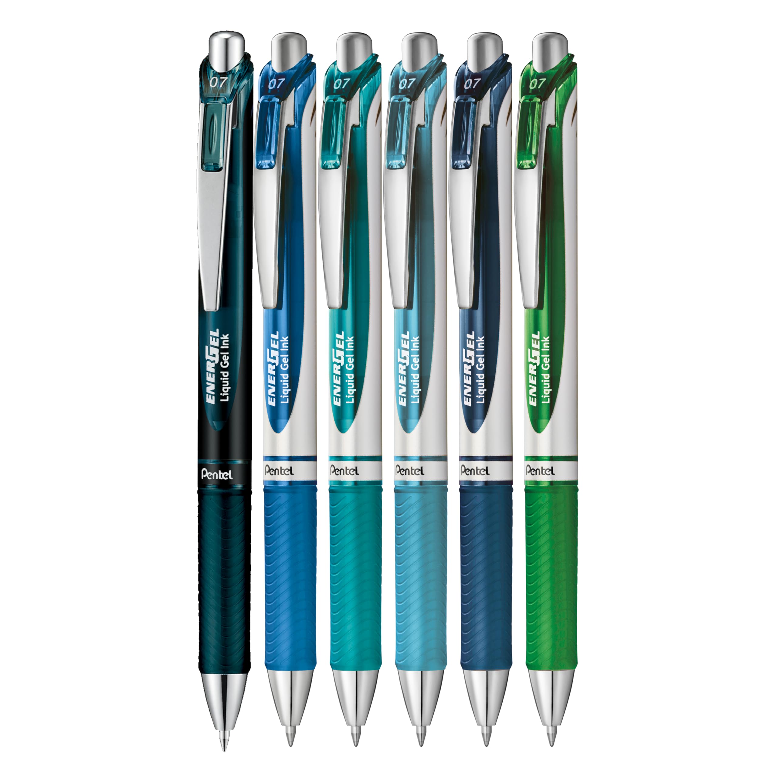Pentel EnerGel Retractable Liquid Gel Rollerball, 0.7mm Medium Point, 6 Ink Colours Assorted - Indigo Black Ink, Blue, Navy Blue, Sky Blue, Turquoise, Green