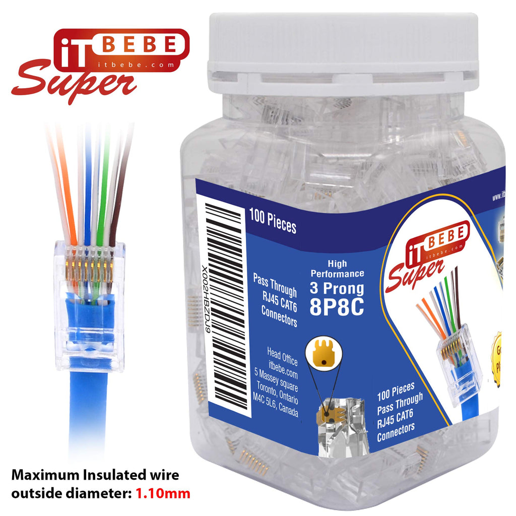 ITBEBE 100 Pieces RJ45 Cat6 Pass Through Connectors - Gold Plated Transparent Passthrough Ethernet Insert Crimp Connector UTP Network Plug for 24 AWG Cables (100 Pieces)