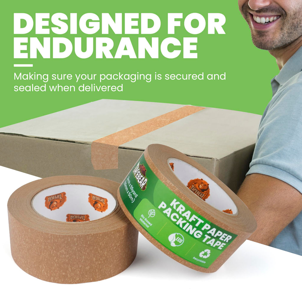 TAPEBEAR Eco-Friendly Kraft Paper Packing Tape, Biodegradable Heavy Duty 50mm x 50m, Recyclable Box Packaging Tape Self Adhesive for Shipping, Sealing, Moving & Masking, 6Rolls