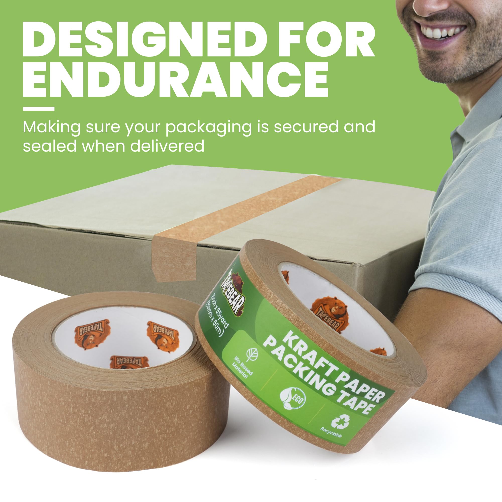 TAPEBEAR Eco-Friendly Kraft Paper Packing Tape, Biodegradable Heavy Duty 50mm x 50m, Recyclable Box Packaging Tape Self Adhesive for Shipping, Sealing, Moving & Masking, 6Rolls