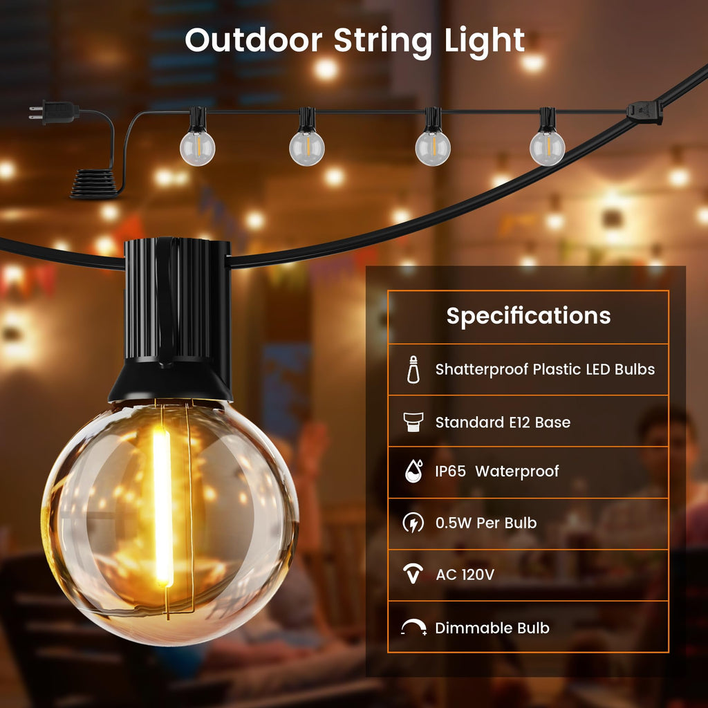 OHLUX Outdoor String Lights, 27FT G40 Globe LED Patio Lights with 13 Dimmable Plastic Bulbs 1 Spare, 2200K Waterproof Connectable Hanging Lights for Backyard Porch Cafe Party Decor, E12 Socket Base