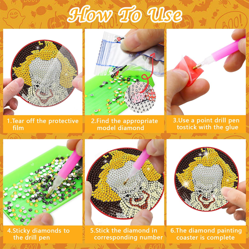 Lukinuo 8pcs Diamond Painting Coasters Kit with Holder Cork Base DIY Halloween Coaster Diamond Art Kit Full Drill Rhinestone Painting Kits for Beginners Adults Kids Art Craft Halloween Supplies