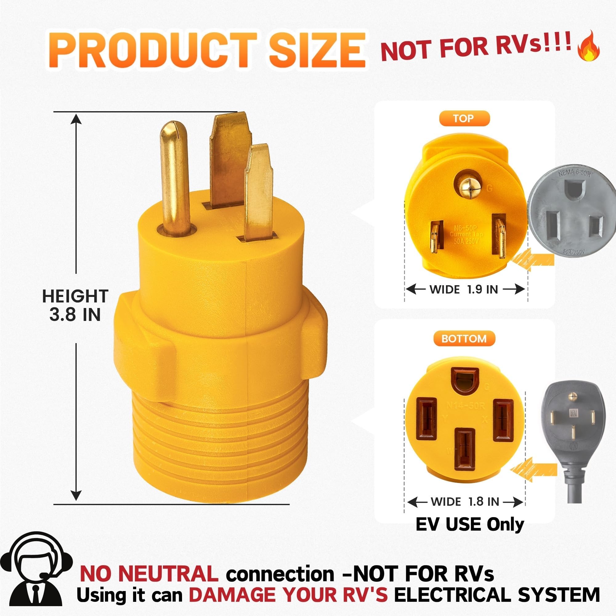 MECMO NEMA 6-50P to 14-50R EV Charger Adapter, 240V 50 Amp 3 Prong Welder Plug to 4 Prong EV Charging Connector, Portable Compact Adaptor Converts Welding Machine Inlet to 4-Prong 50A