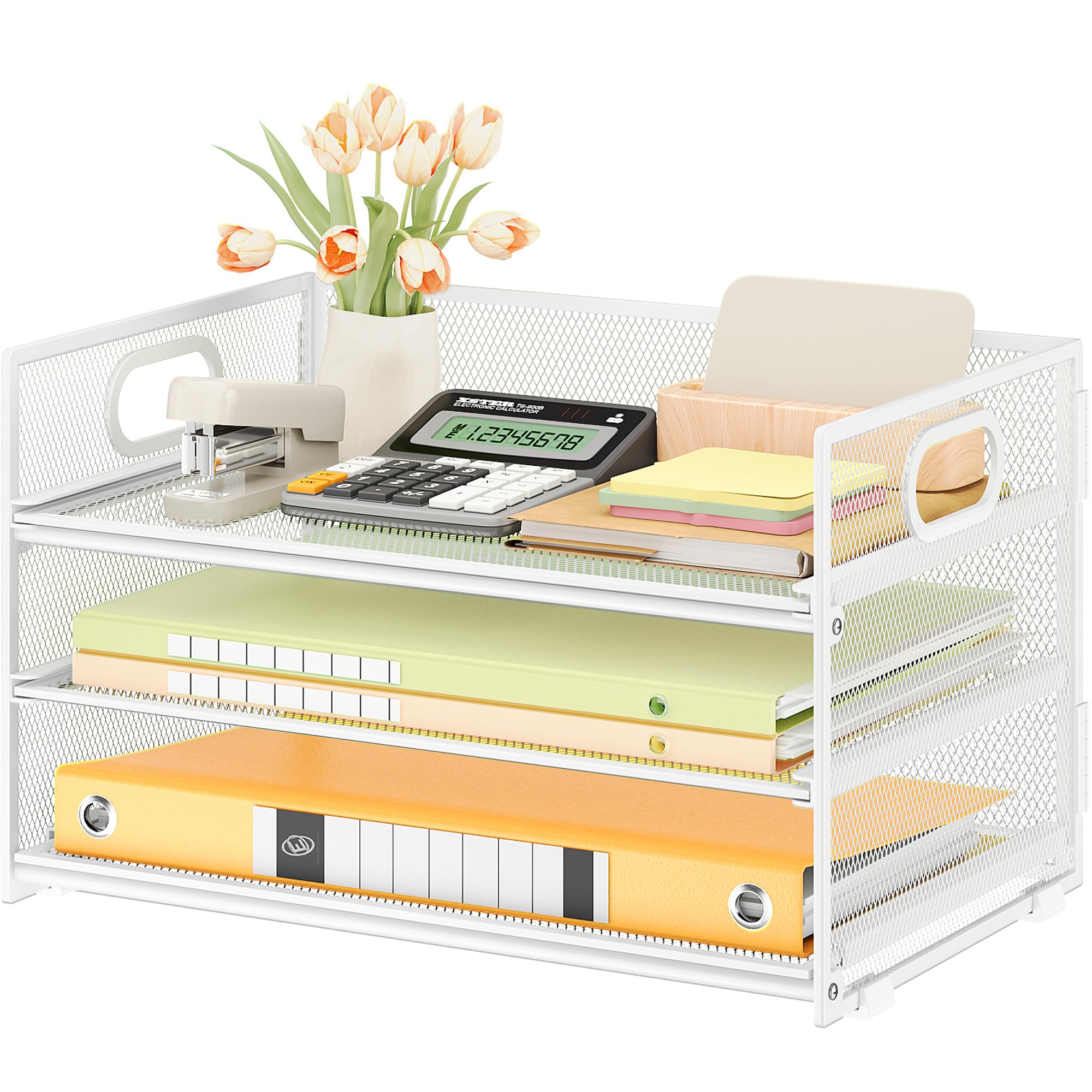 Subekyu 3 Tier Letter Tray Paper Organizer with Handle, 1 PC Sliding Tray, White Metal Mesh Desk File Folder Paper Sorter Organizer for Home Office School Desk Supplies Organization Storage